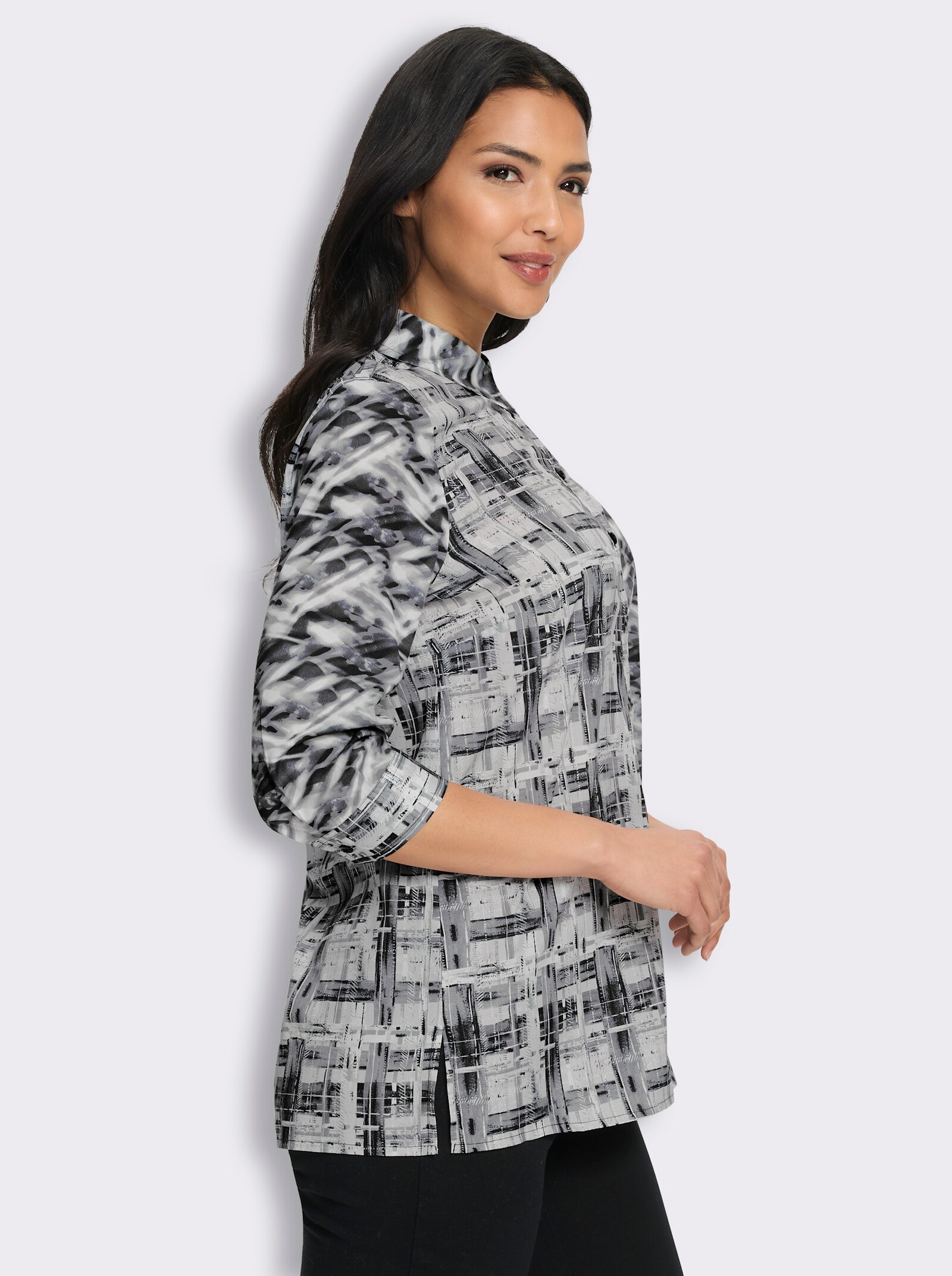 Longbluse in leichter A-Linie - ecru-schwarz-bedruckt