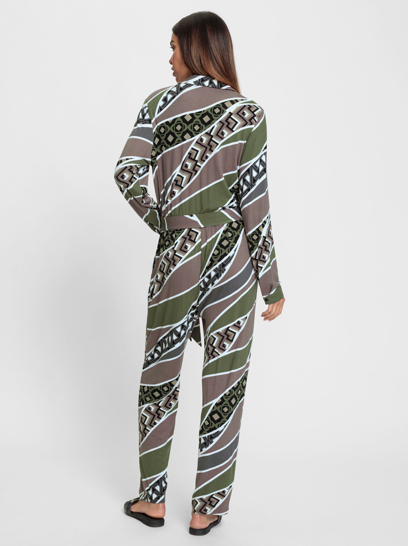 heine Jumpsuit mit Dehnbund und Bindegürtel - khaki-dunkeltaupe-bedruckt