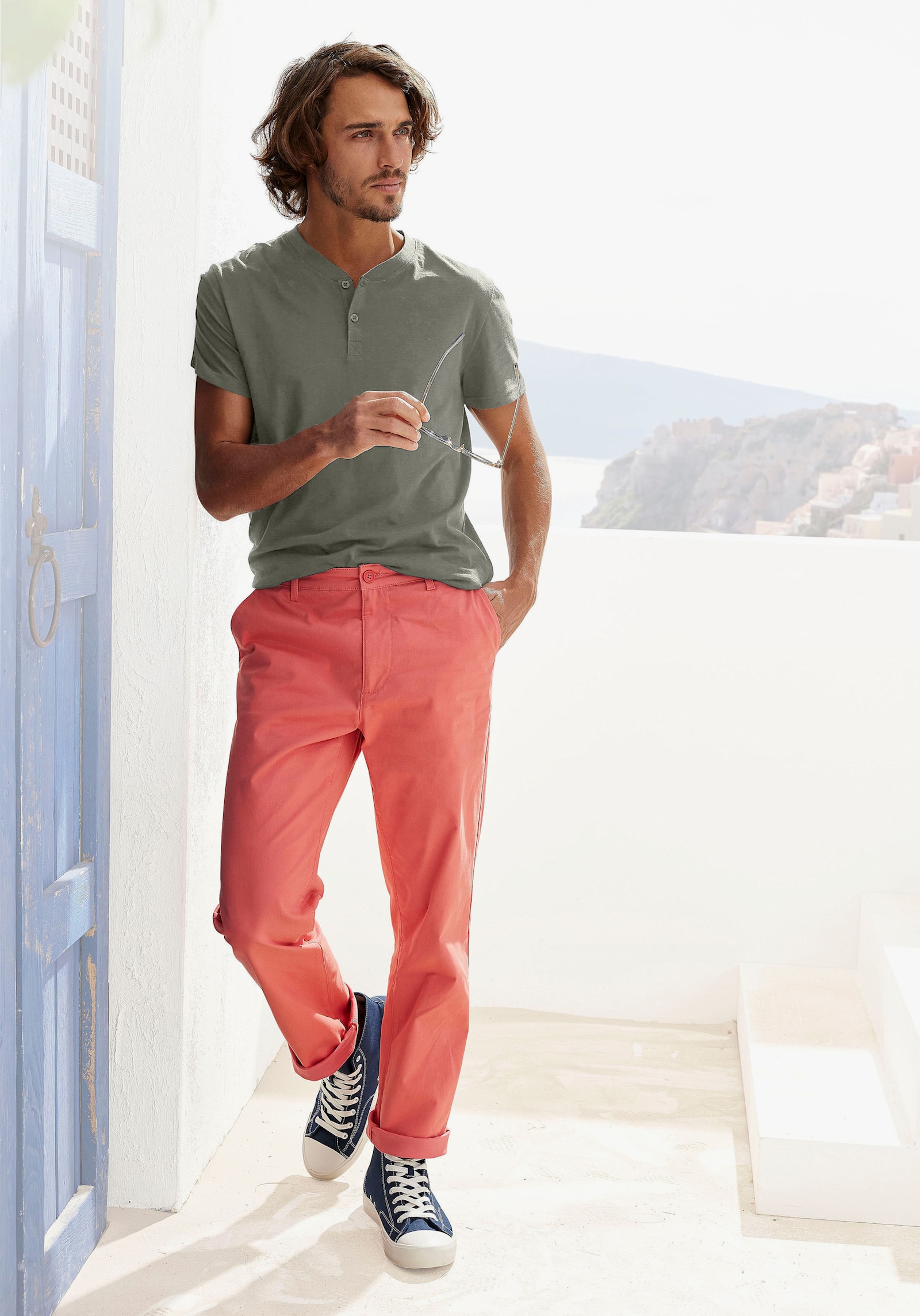 H.I.S Henleyshirt - khaki / blau