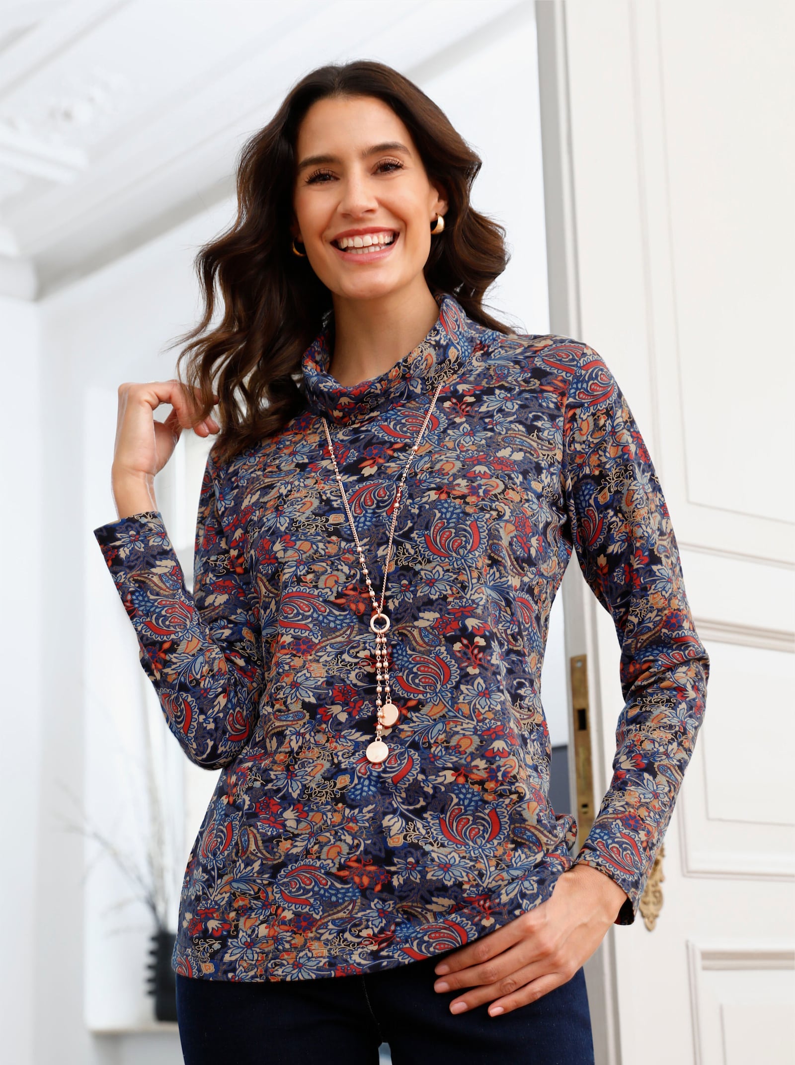 Rollkragenshirt im floralen Druckmuster - marine-terra-bedruckt