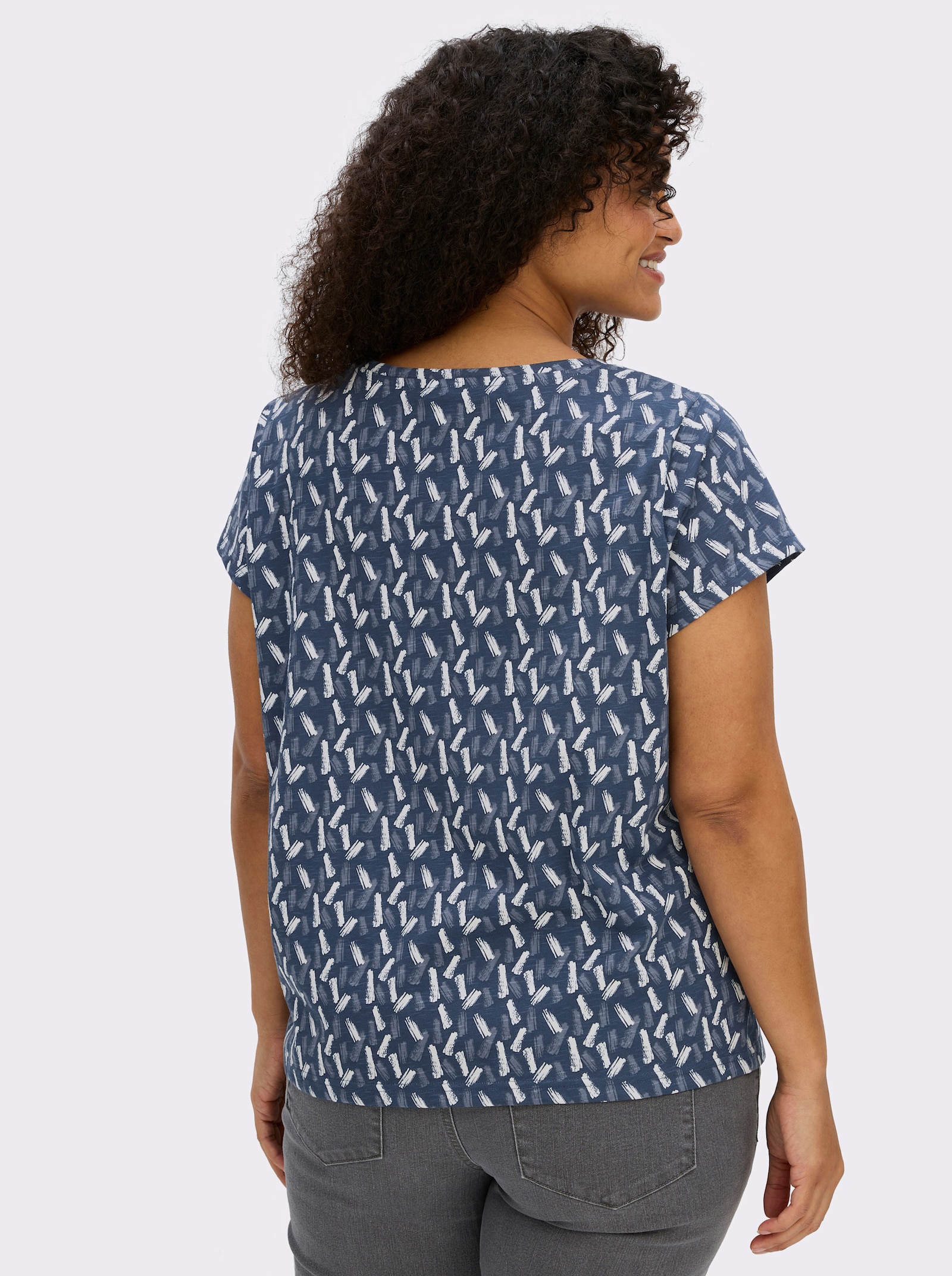 Rundhalsshirt mit Flammgarn-Struktur - dunkelblau-ecru-bedruckt