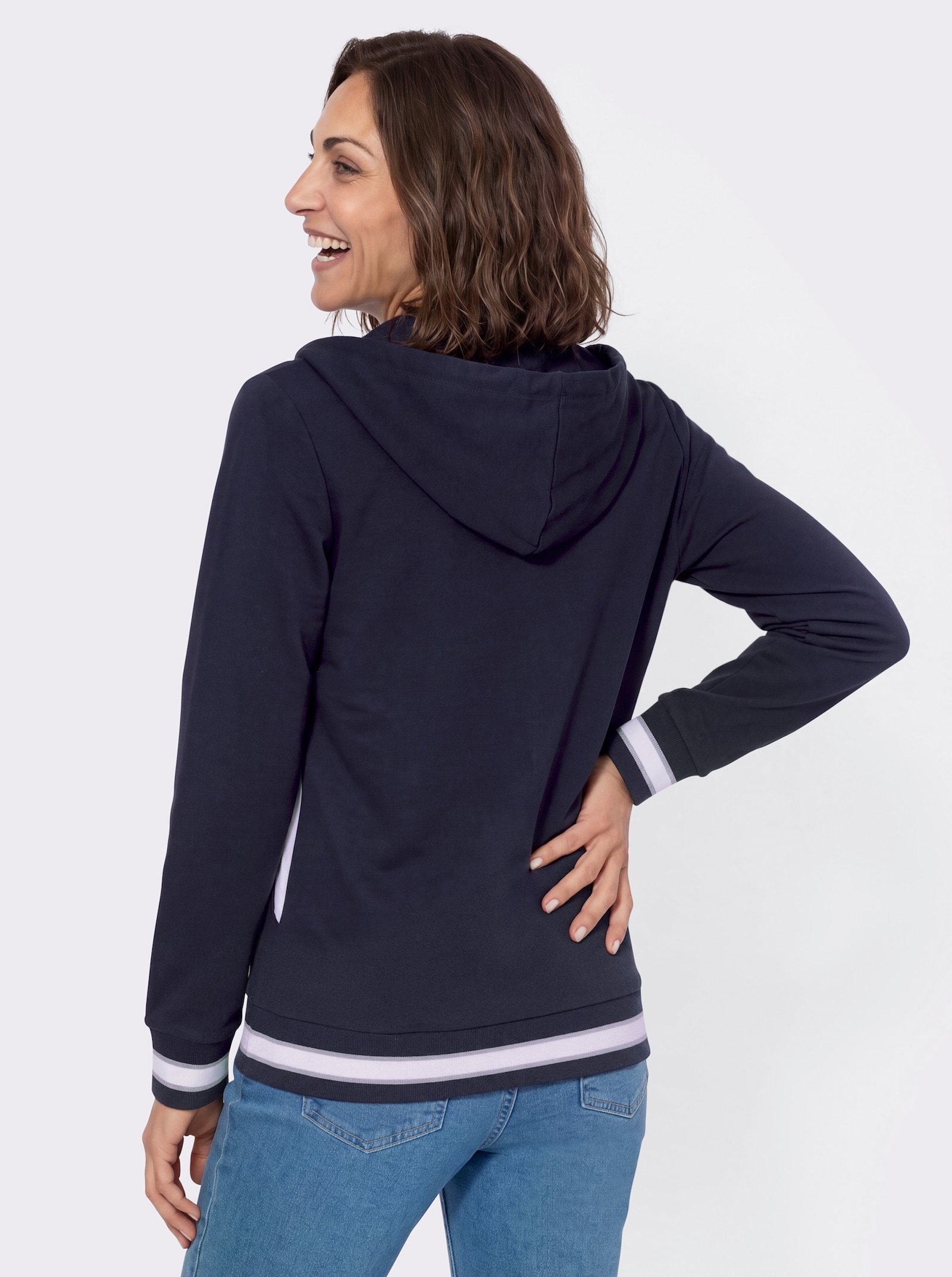 Sweatjacke mit Känguru-Tasche - marine-ecru