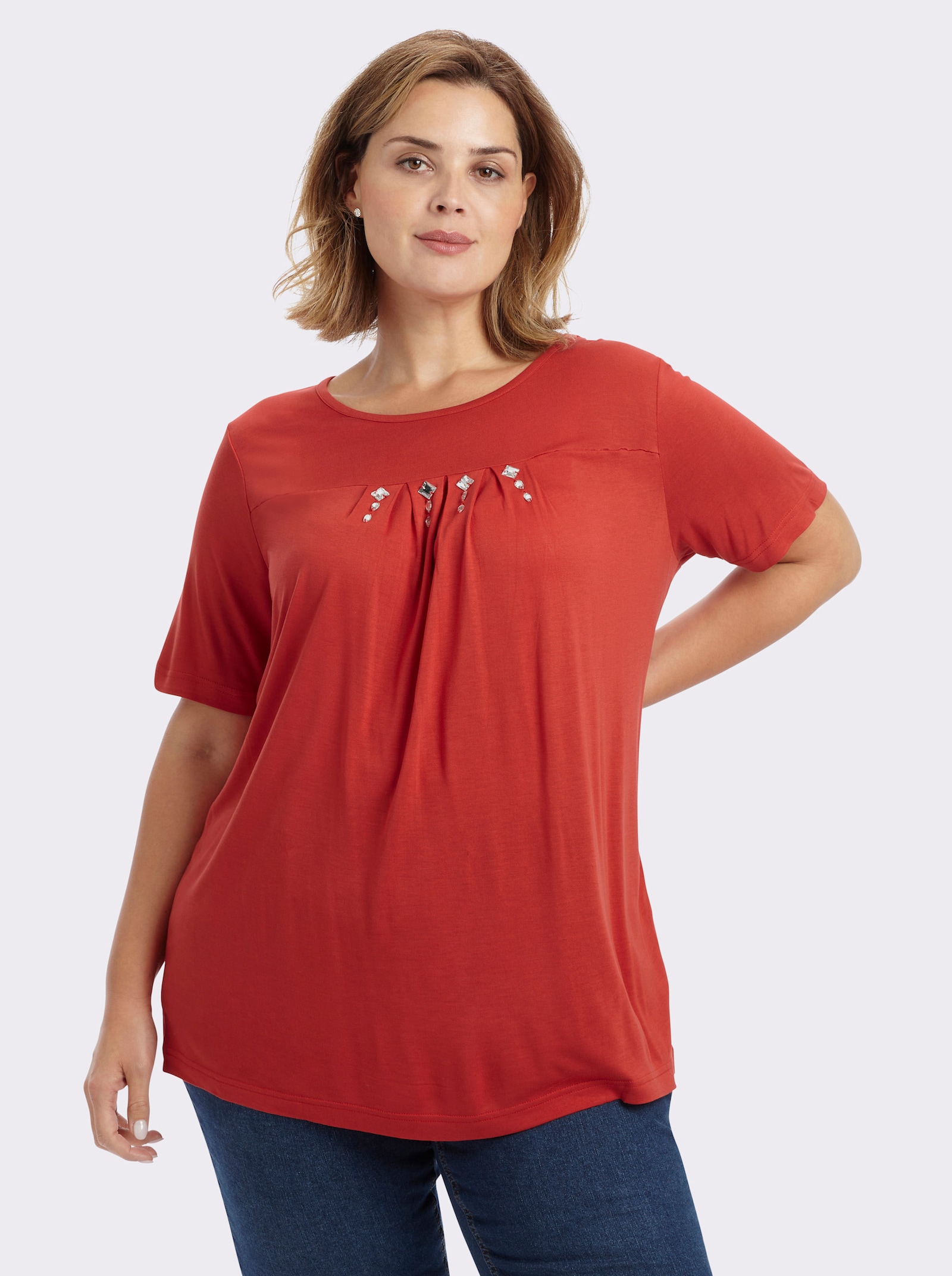 Kurzarmshirt mit Ziersteinchen, reine Viskose - erdbeere