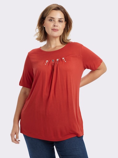 Kurzarmshirt mit Ziersteinchen, reine Viskose - erdbeere