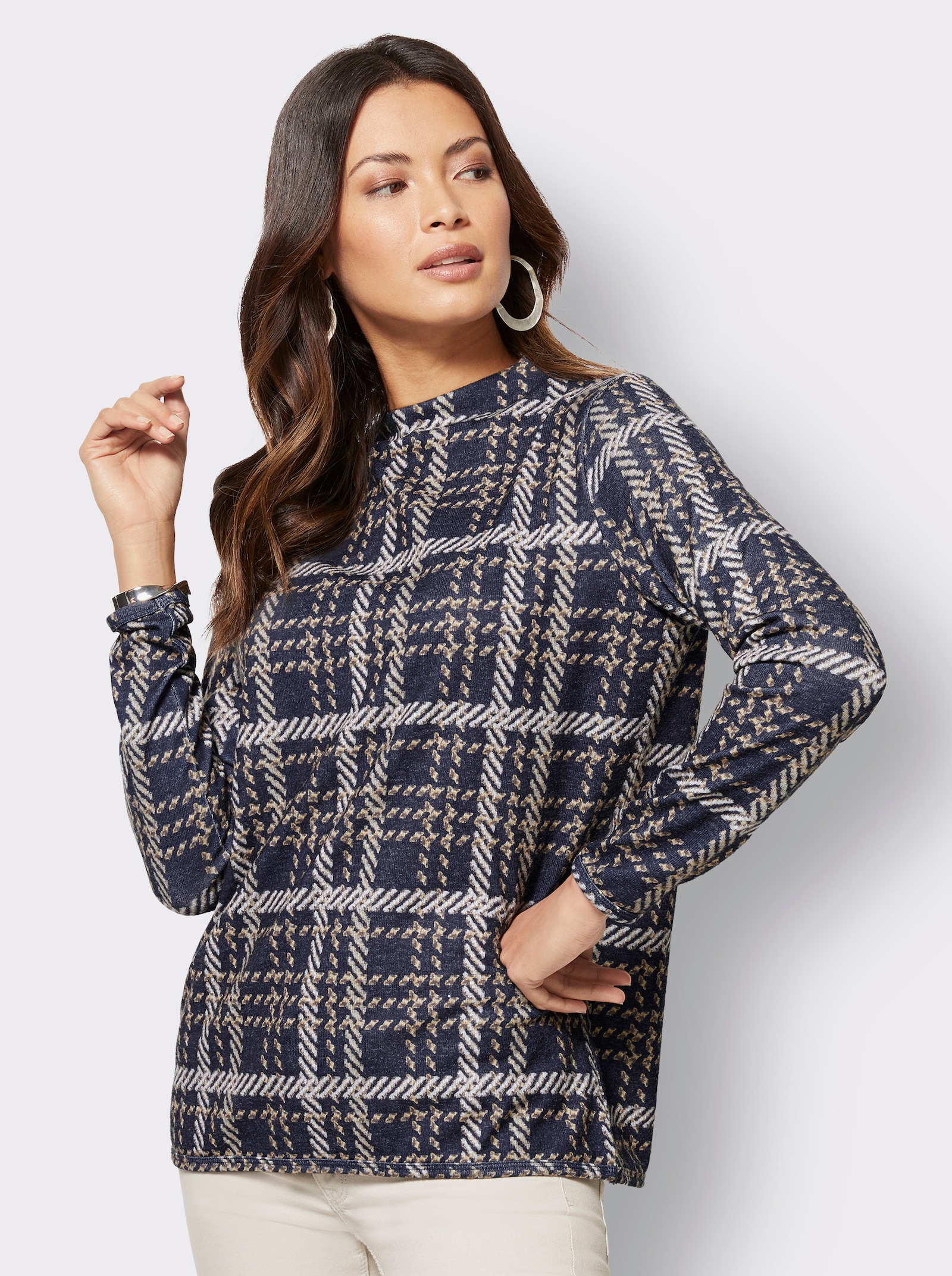 Pull à manches longues avec motif jacquard à carreaux - marine-chocolat à motifs