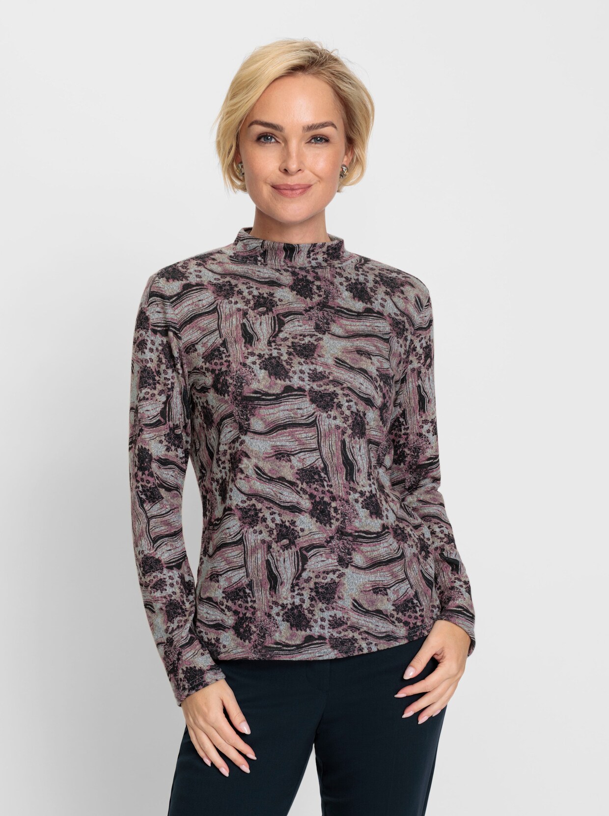 Shirt met opstaande kraag - steengrijs/aubergine bedrukt