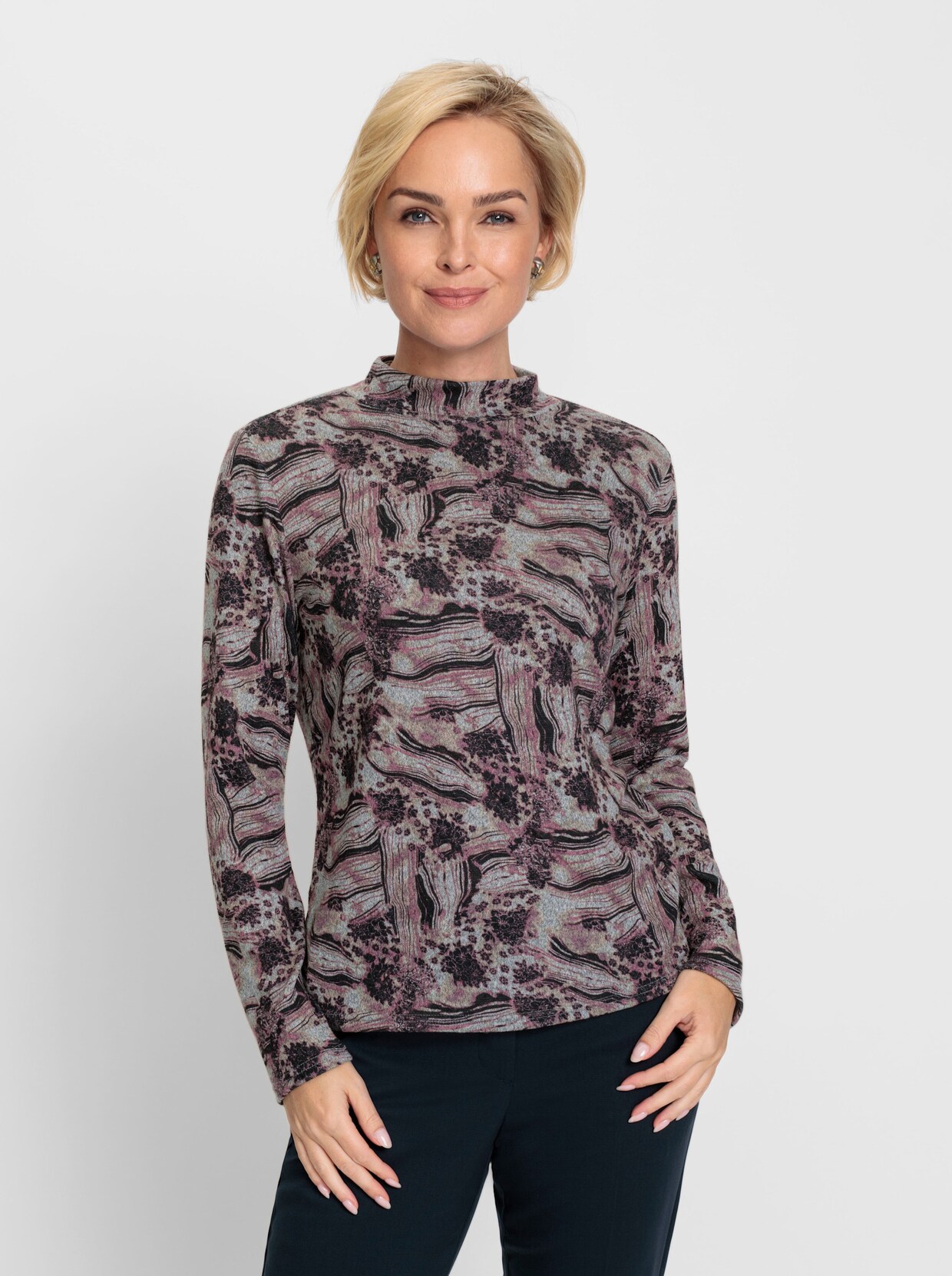 Winter-Shirt - steingrau-aubergine-bedruckt