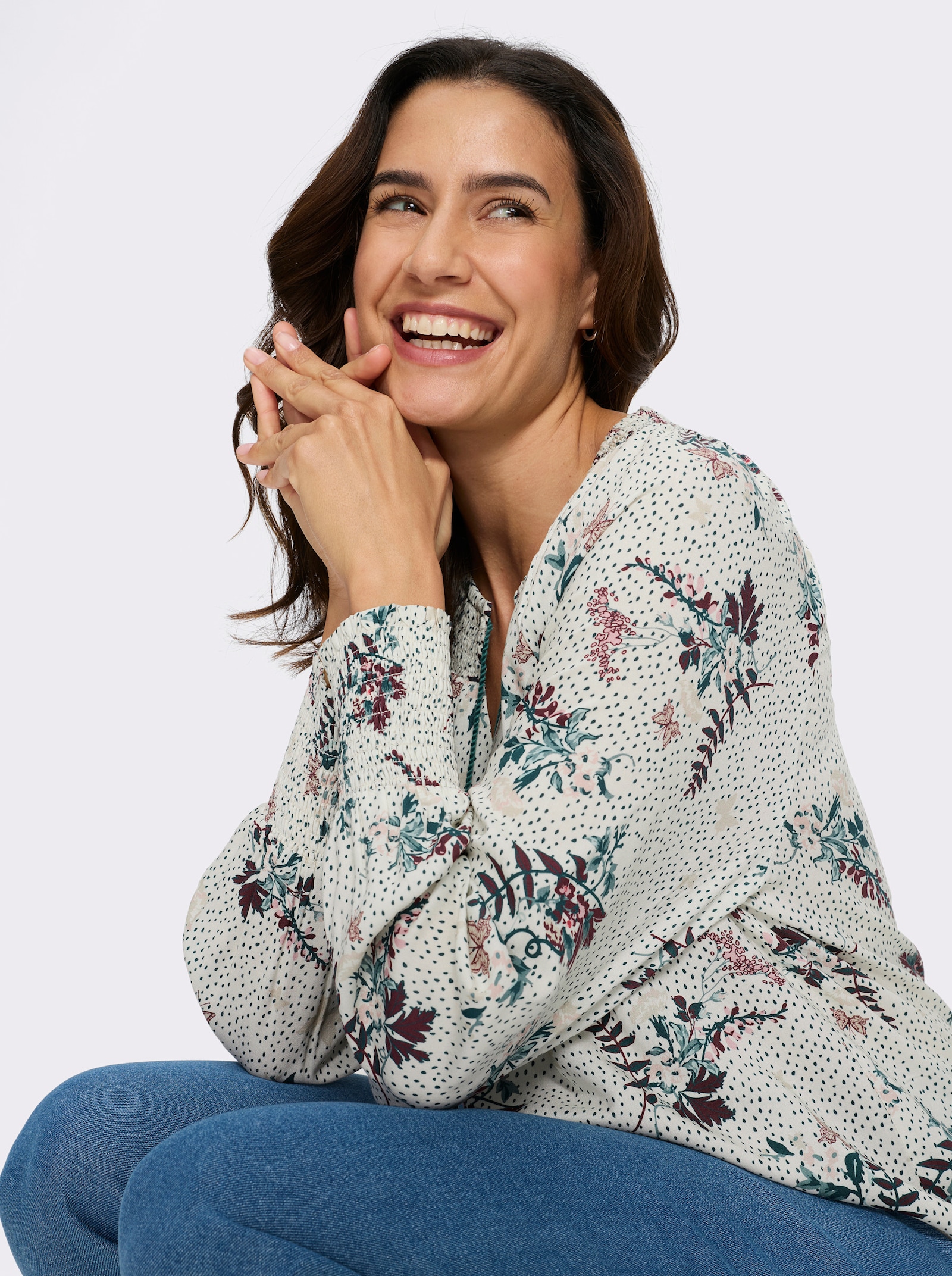 Druckbluse - champagner-hortensie-bedruckt