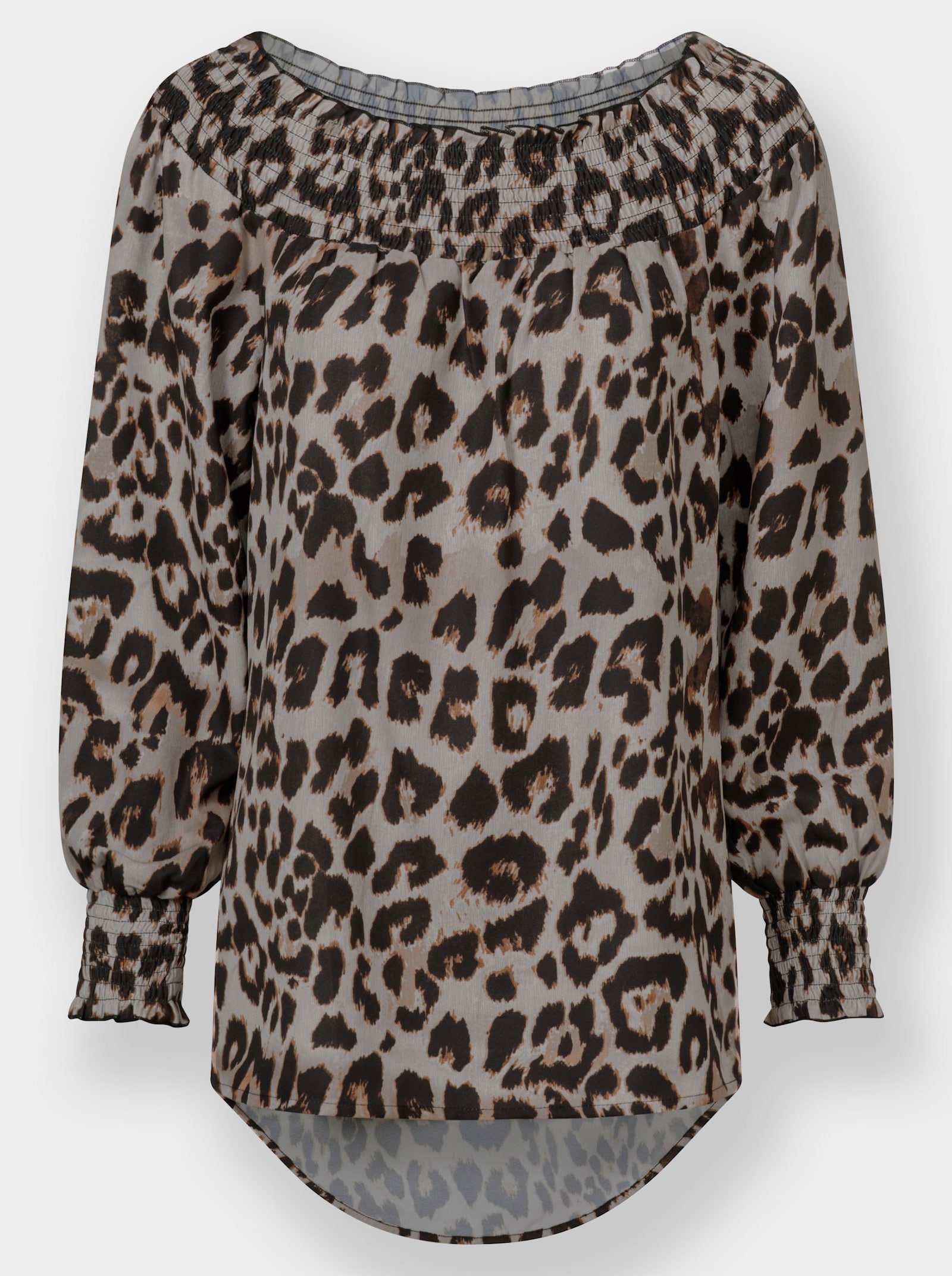 Druckbluse mit Smok-Partien - sand-schwarz-bedruckt