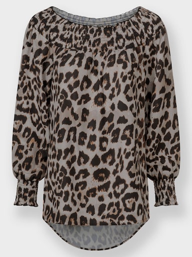 Druckbluse mit Smok-Partien - sand-schwarz-bedruckt