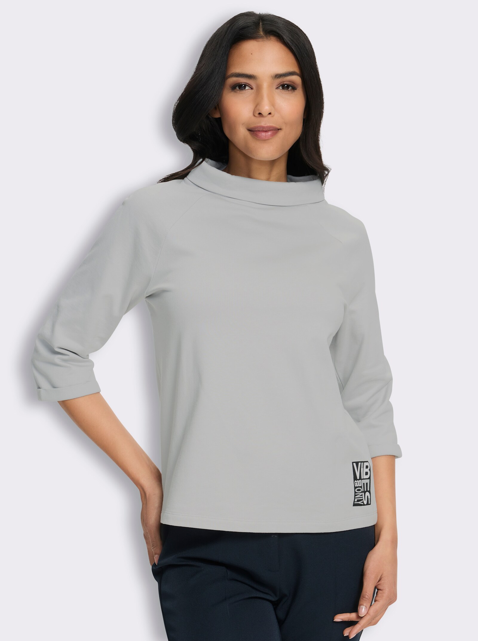  3/4-Arm-Shirt mit halsfernem Stehkragen - hellgrau