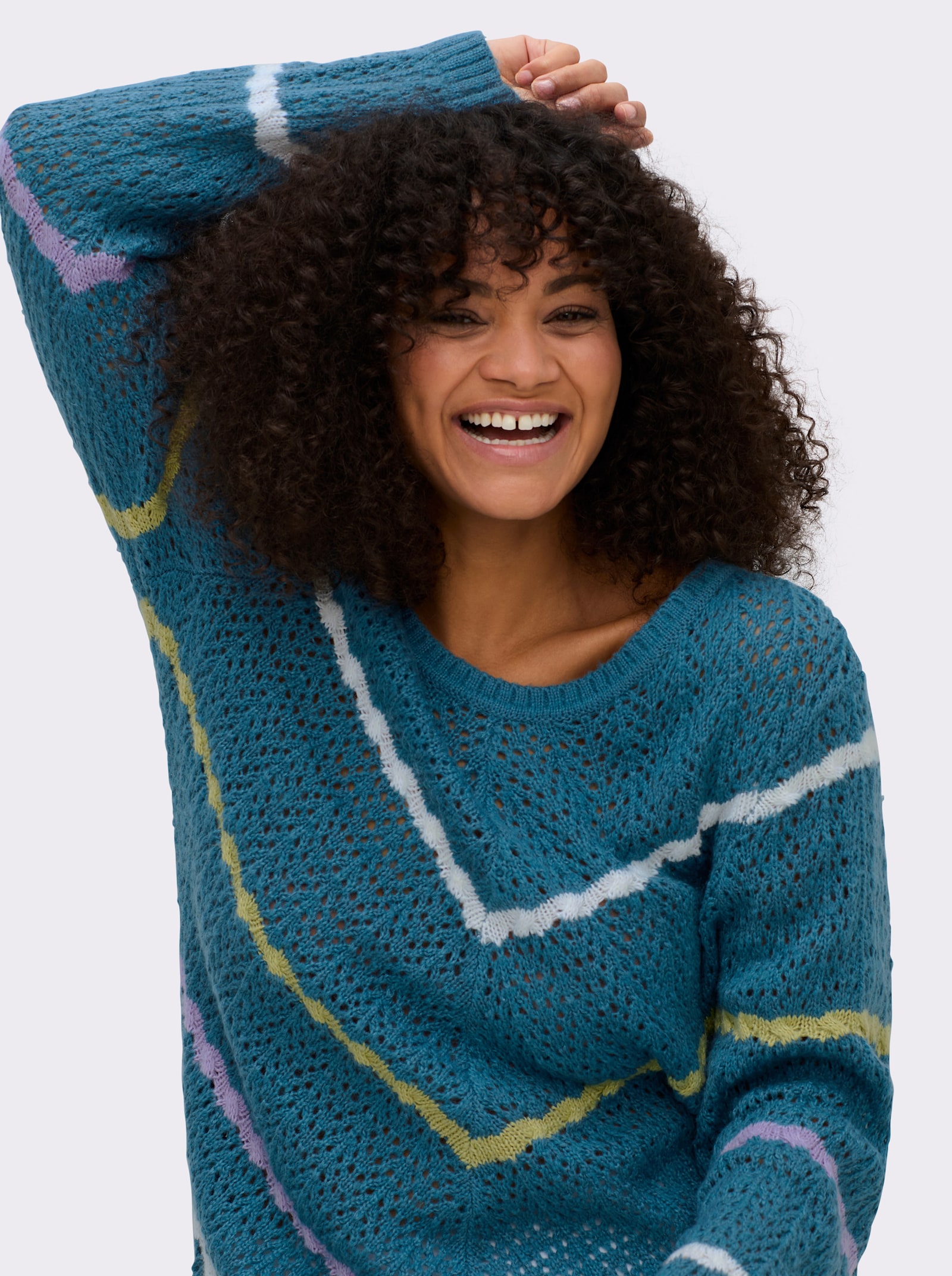 sheego Ajourpullover mit Zopfmuster-Streifen - topas-gemustert