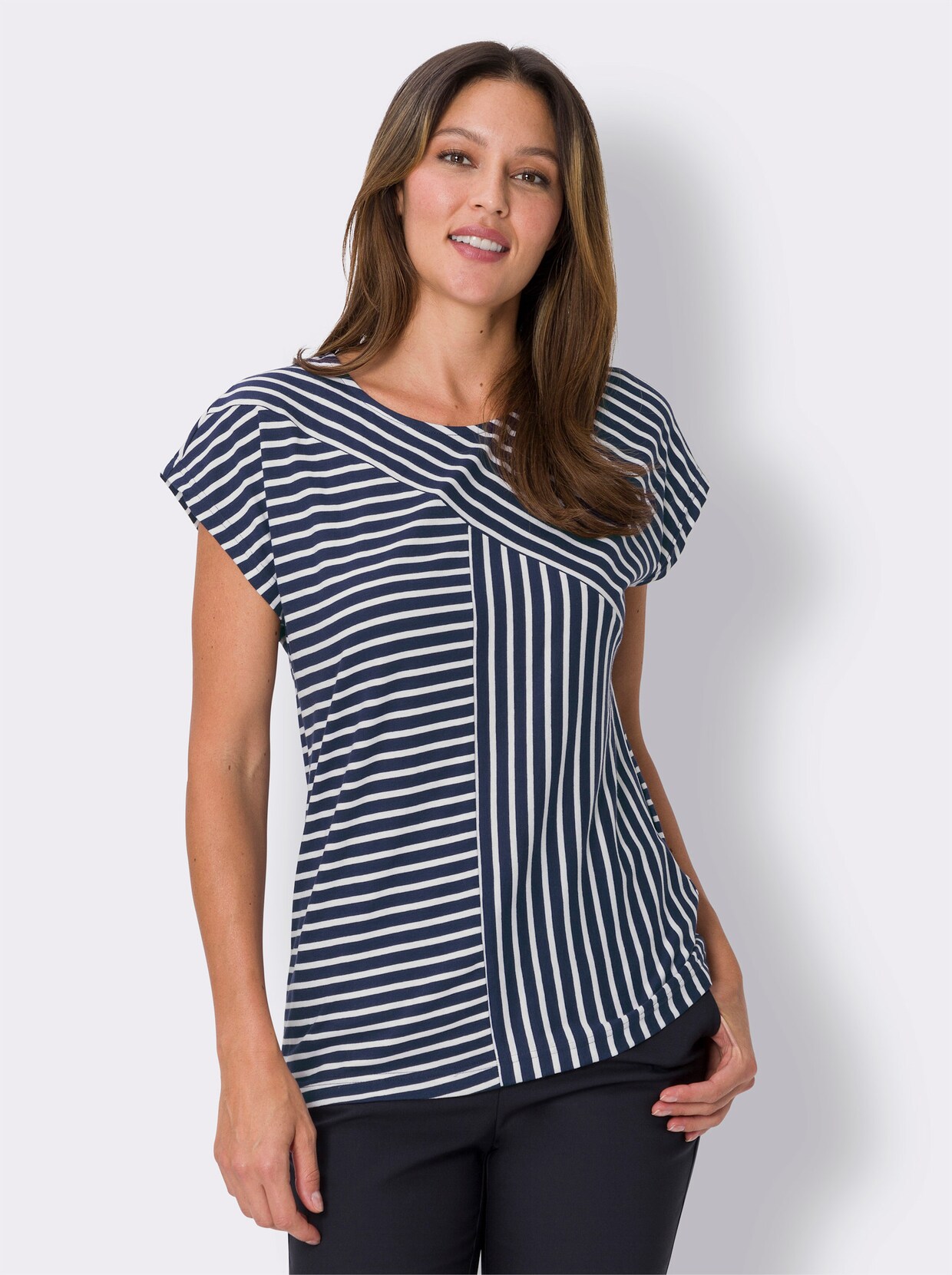 Shirt met ronde hals - marine/ecru gestreept