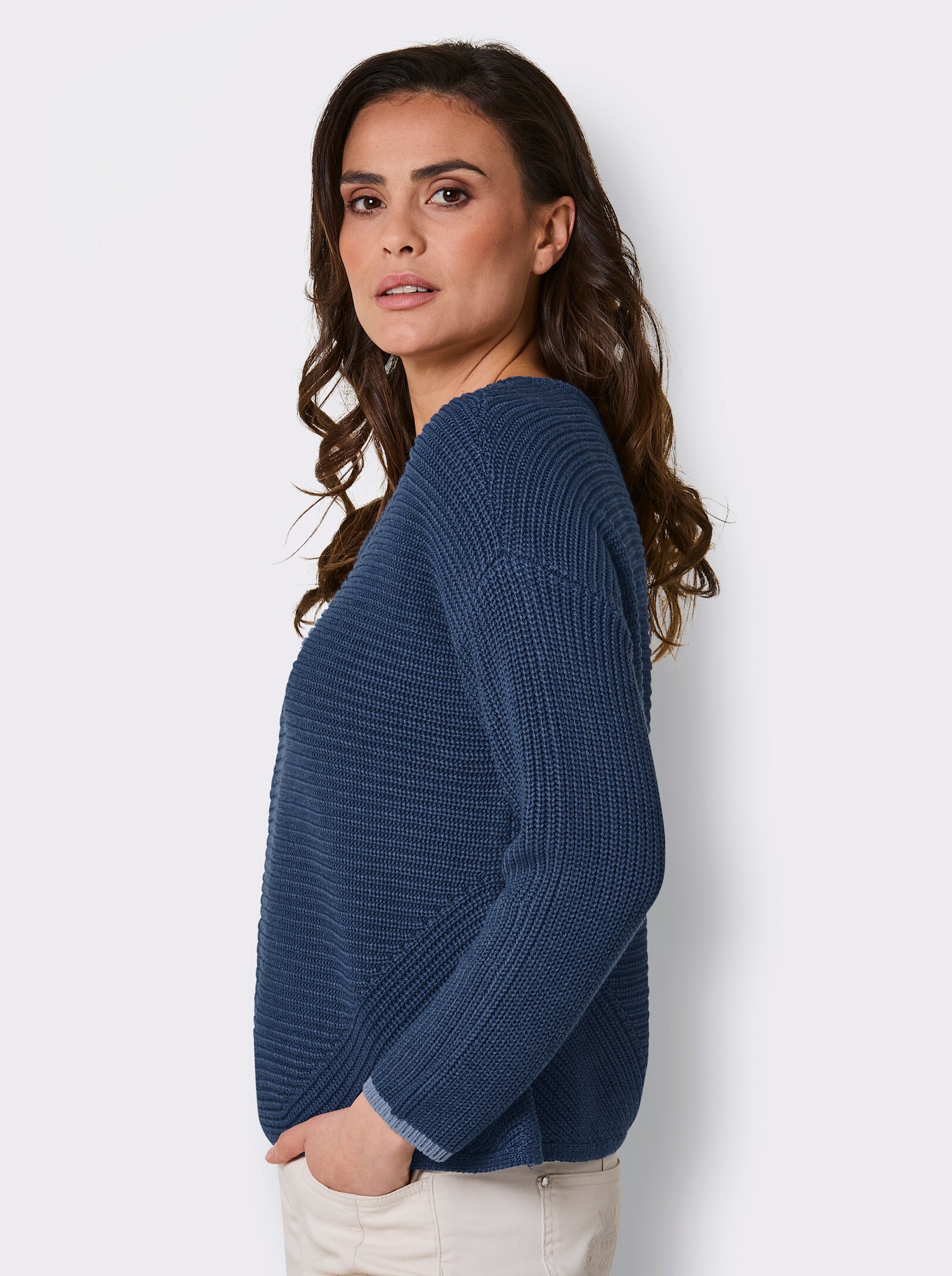 CREATION L PREMIUM Langarm-Pullover mit Kontrastkanten - jeansblau-meliert