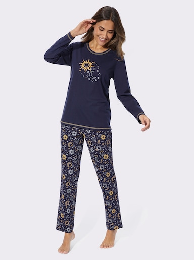 Schlafanzug mit Sonne-Mond-Sterne-Druck - marine-ocker-bedruckt