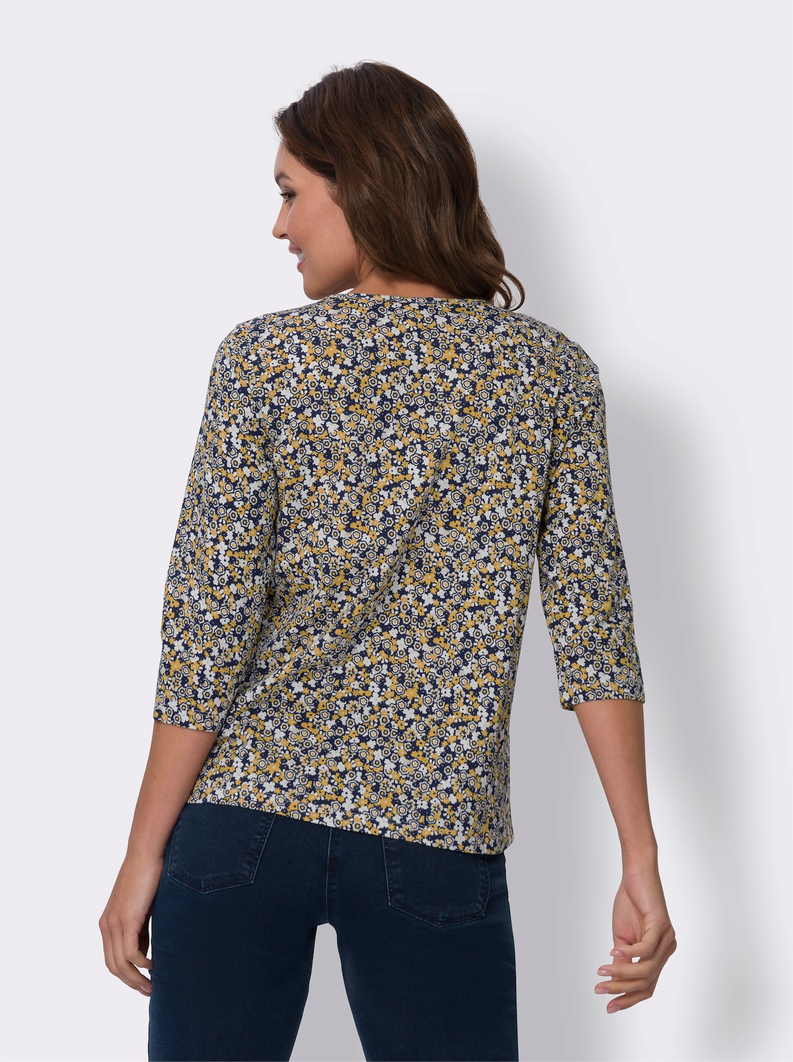 Tričko s 3/4 rukávem a květinovým vzorem - námořnická-okrová-potisk