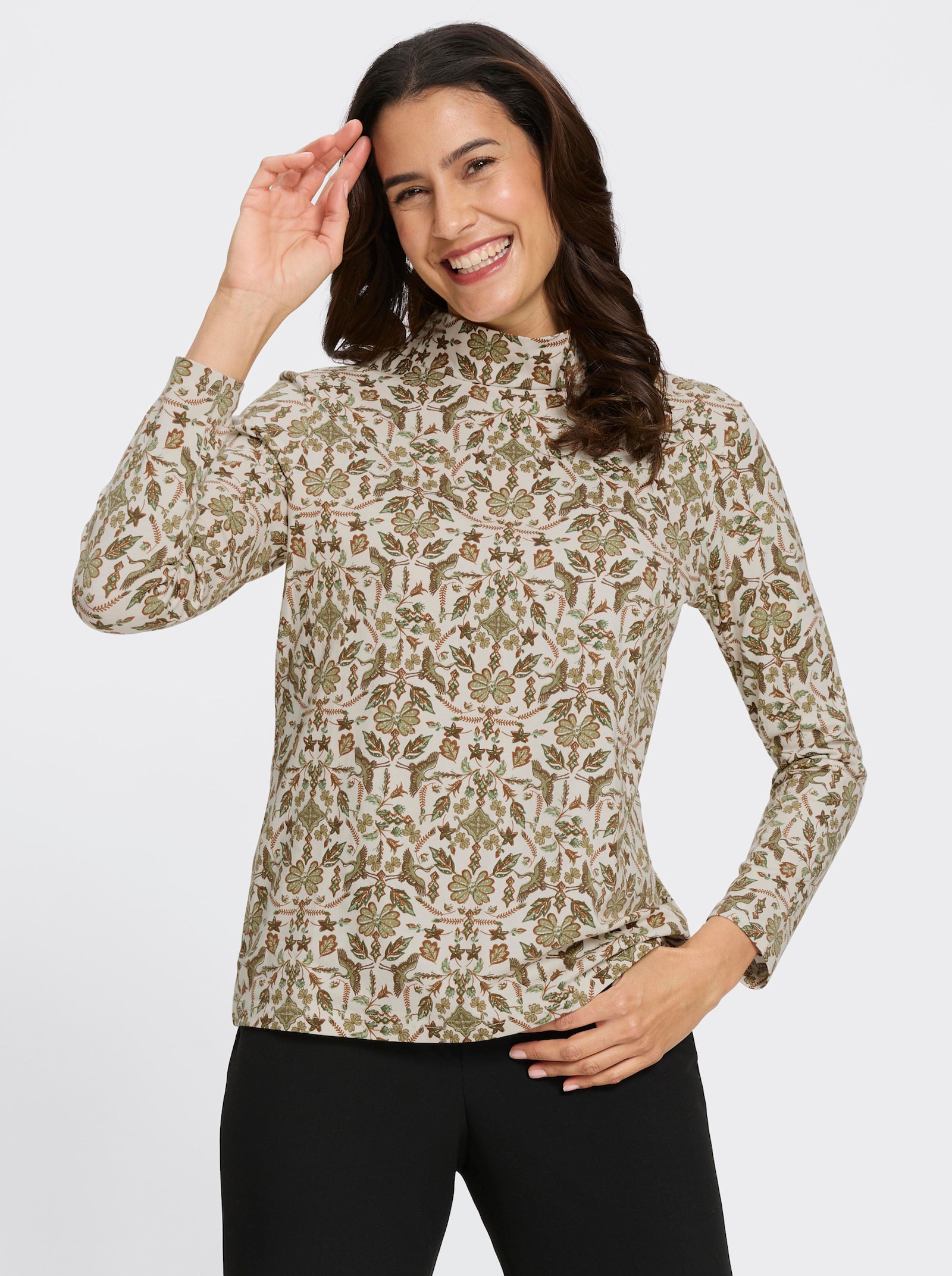 Stehkragenshirt - schilf-champagner-bedruckt