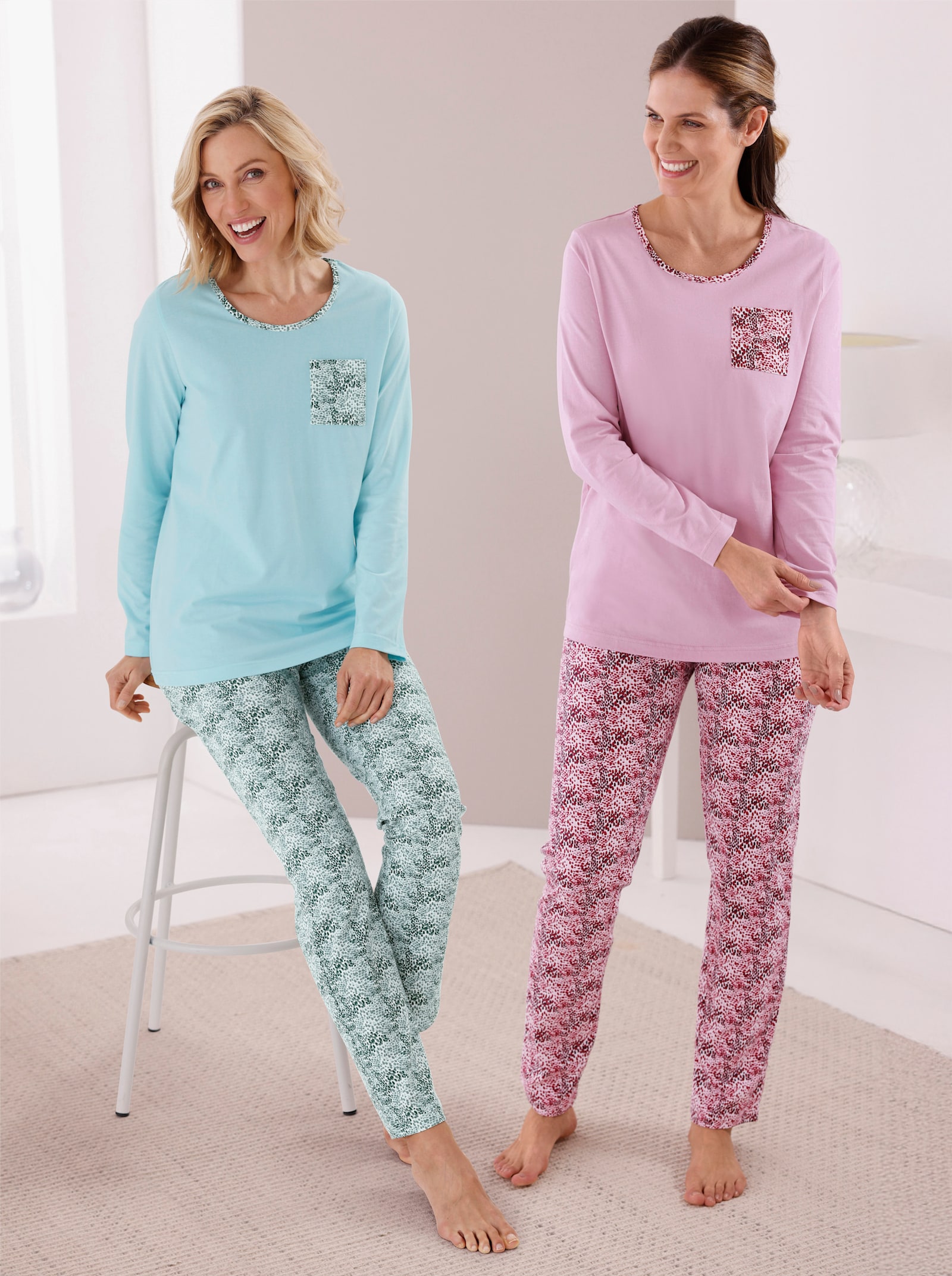 wäschepur Schlafanzüge - mint-ecru-bedruckt + rosé-ecru-bedruckt