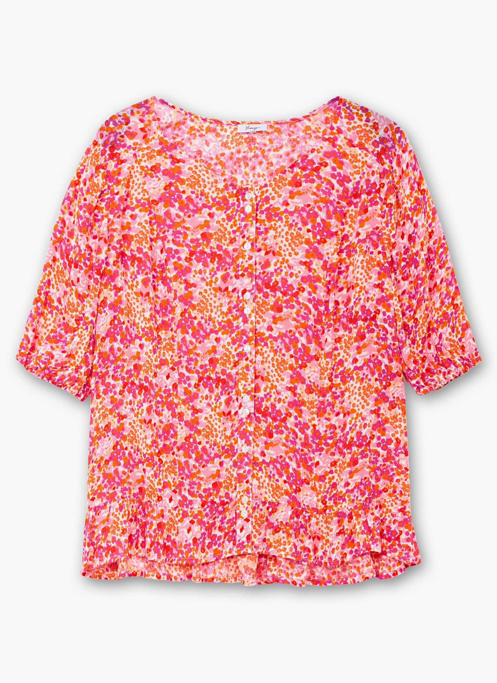 sheego Druckbluse in Crêpe-Qualität, mit Volant am Saum - pink gemustert