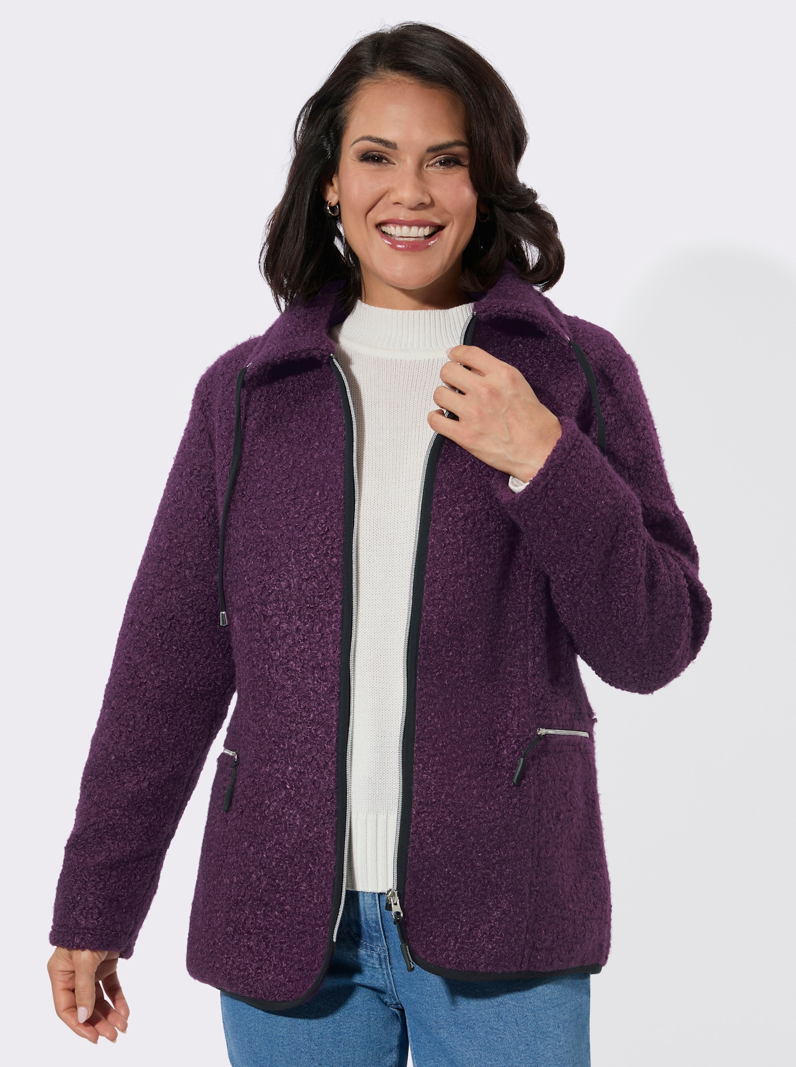 Boucléjacke mit kontrastfarbigen Details - traube