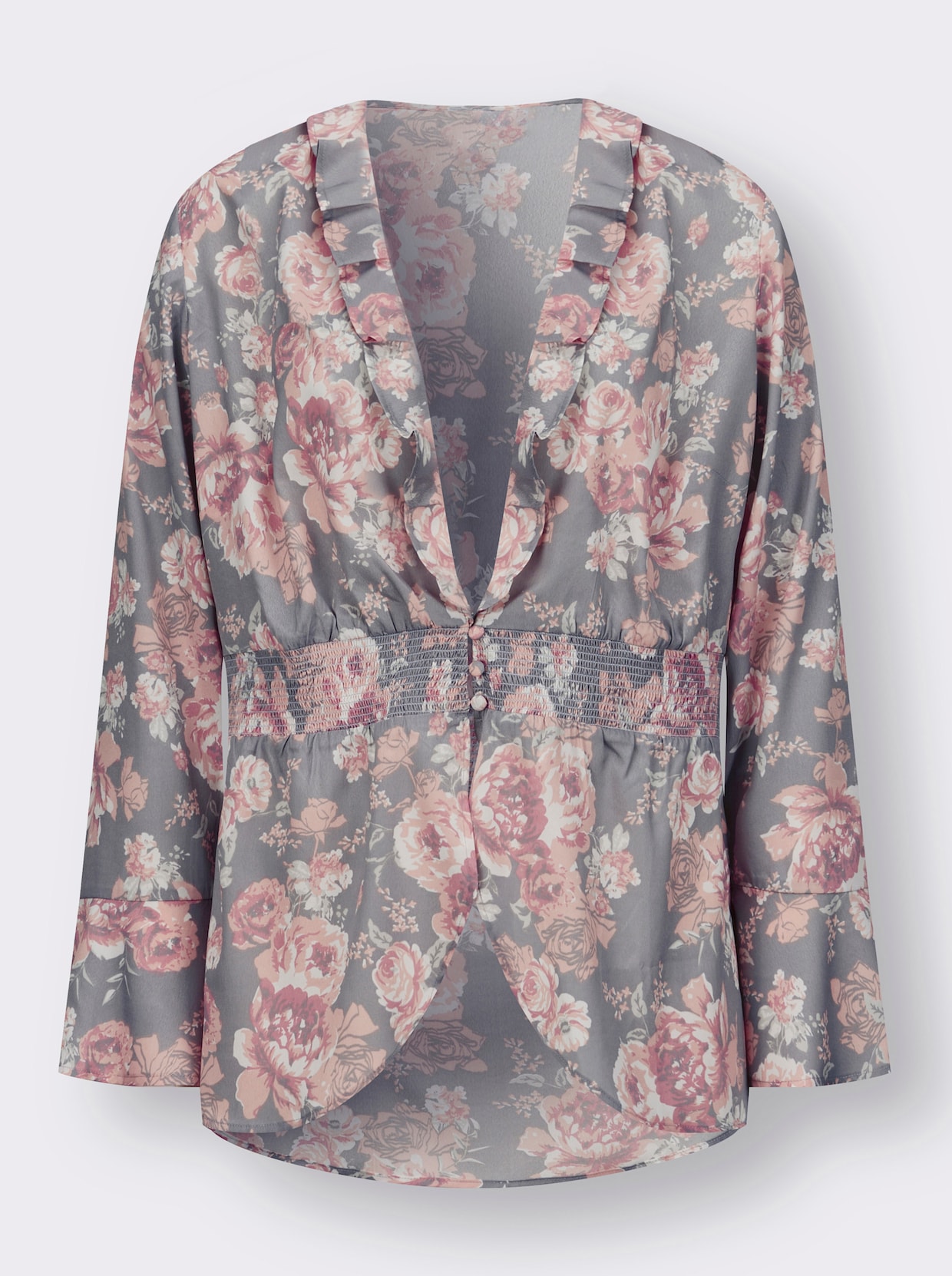 Blouse met volants - steengrijs/hortensia bedrukt