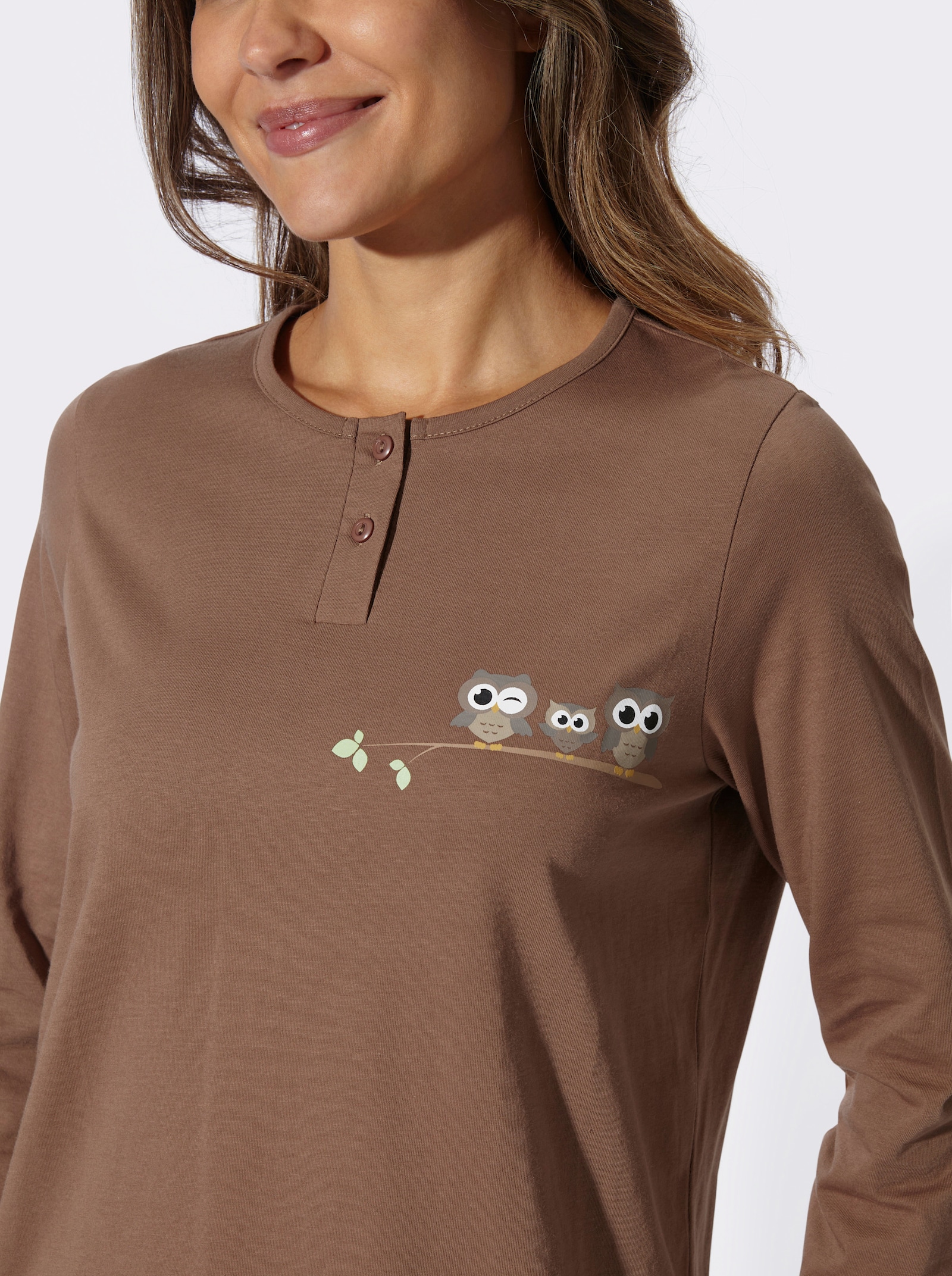 Schlafanzug Hose allover mit Eulen-Druck - braun-ecru-bedruckt