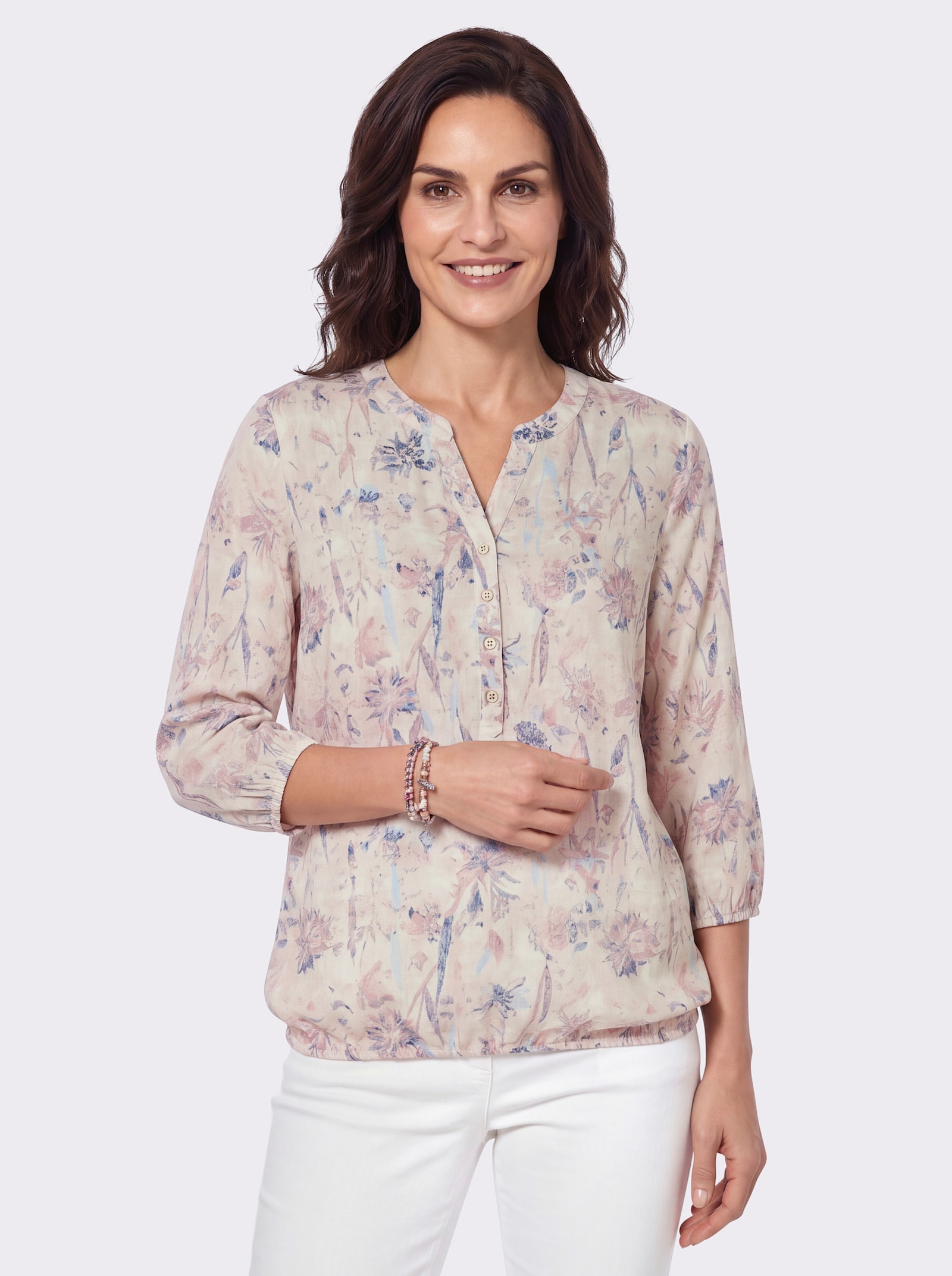 Druckbluse mit Gummizug am Abschluss - sand-bleu-bedruckt