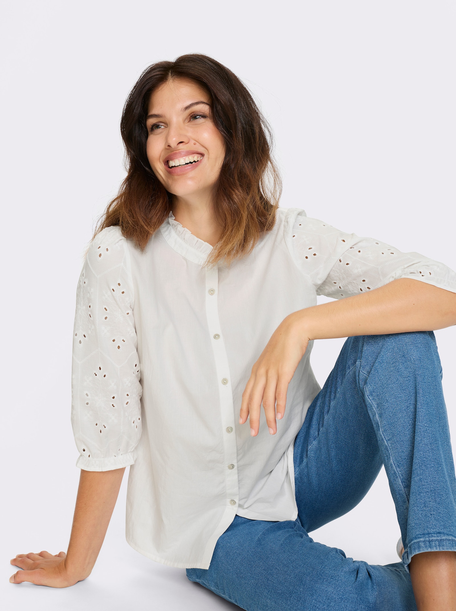 Katoenen blouse met ajourwerk - wit