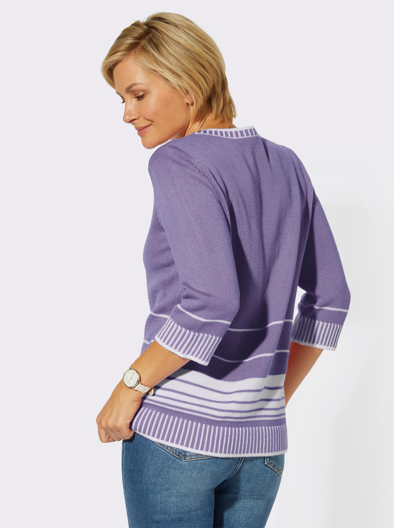 3/4 Arm-Pullover mit überlappendem V-Ausschnitt - lavendel-weiß-gestreift