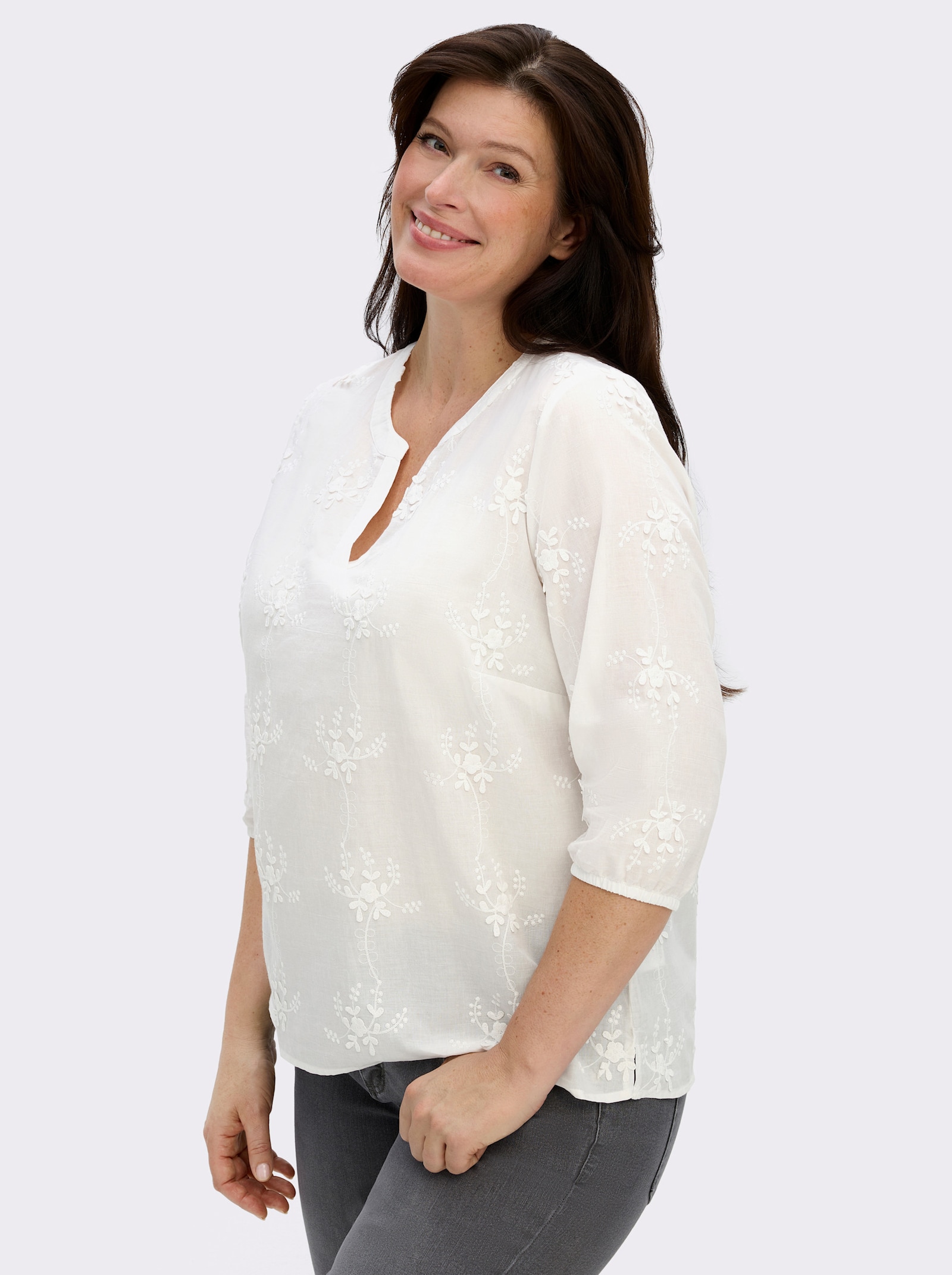 Baumwollbluse mit 3D-Blütenstickerei - ecru