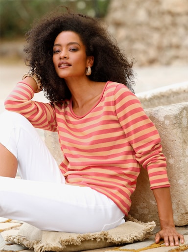 heine Feinstrickpullover mit Rollbündchen - koralle-apricot-geringelt