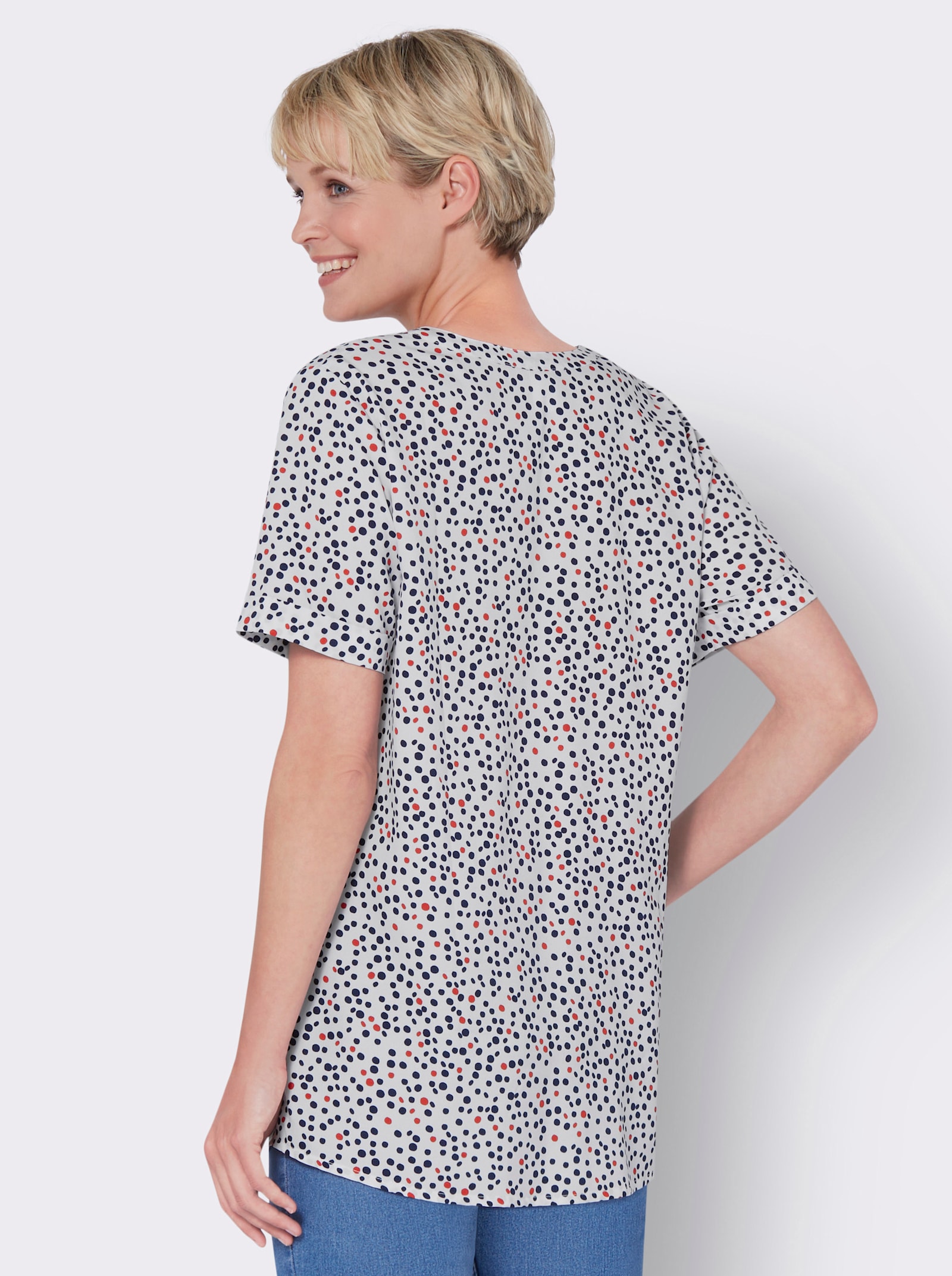 Lange blouse met vaste mouwomslag - ecru/rood bedrukt