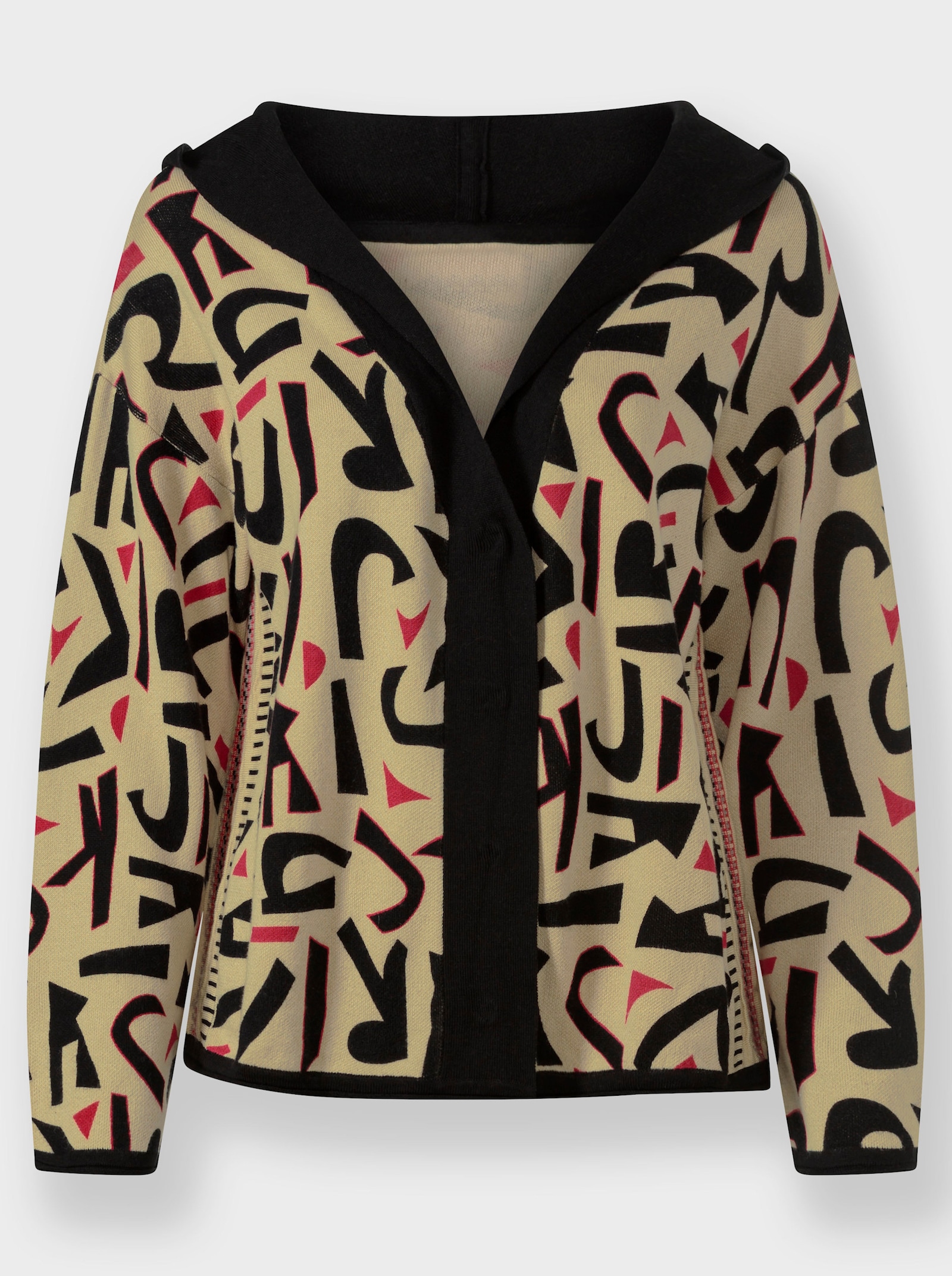 heine Kapuzenstrickjacke mit verdeckter Druckknopfleiste - sand-schwarz-bedruckt