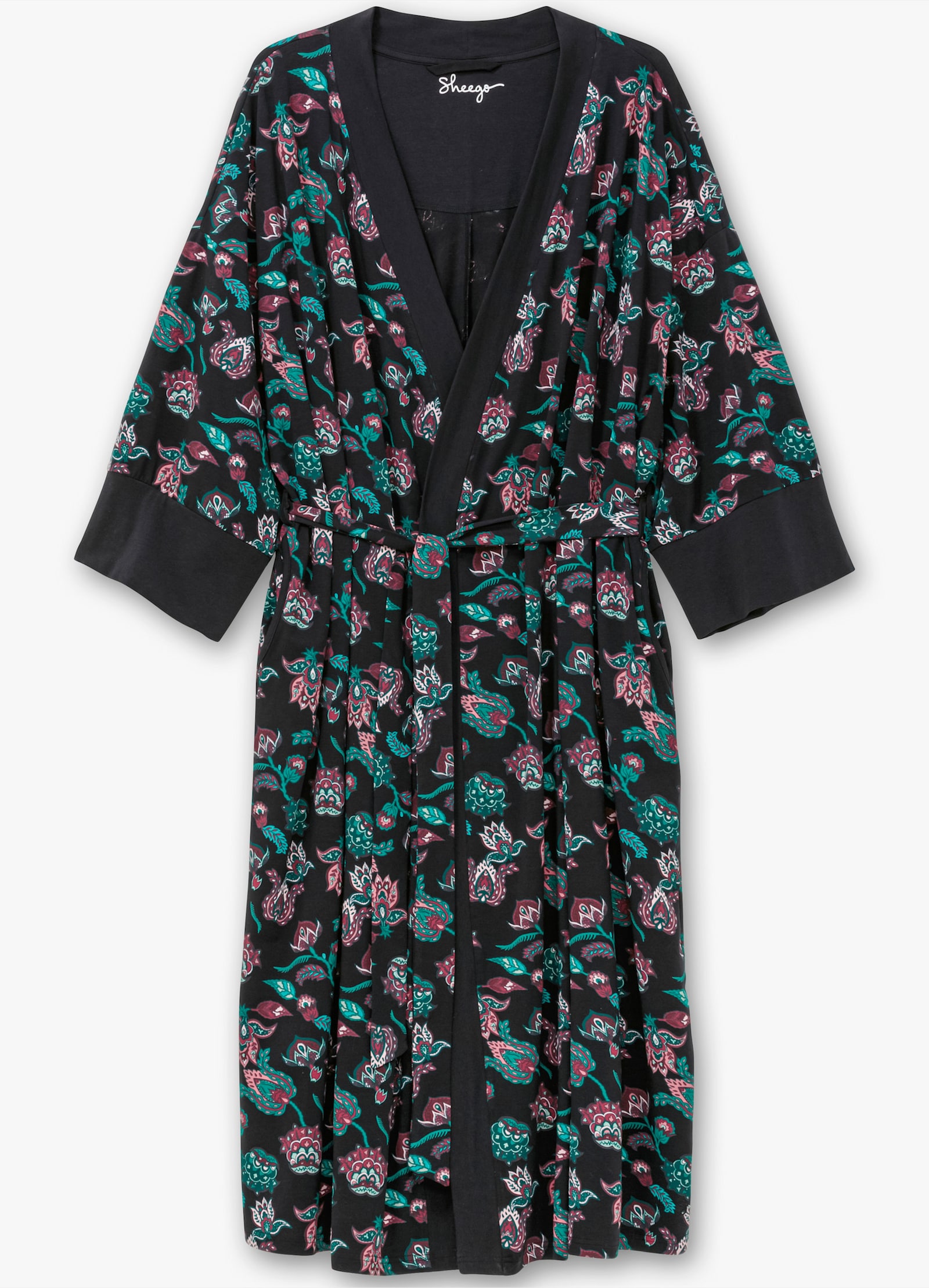 sheego Morgenmantel mit Bindegürtel und seitlichen Taschen - schwarz bedruckt