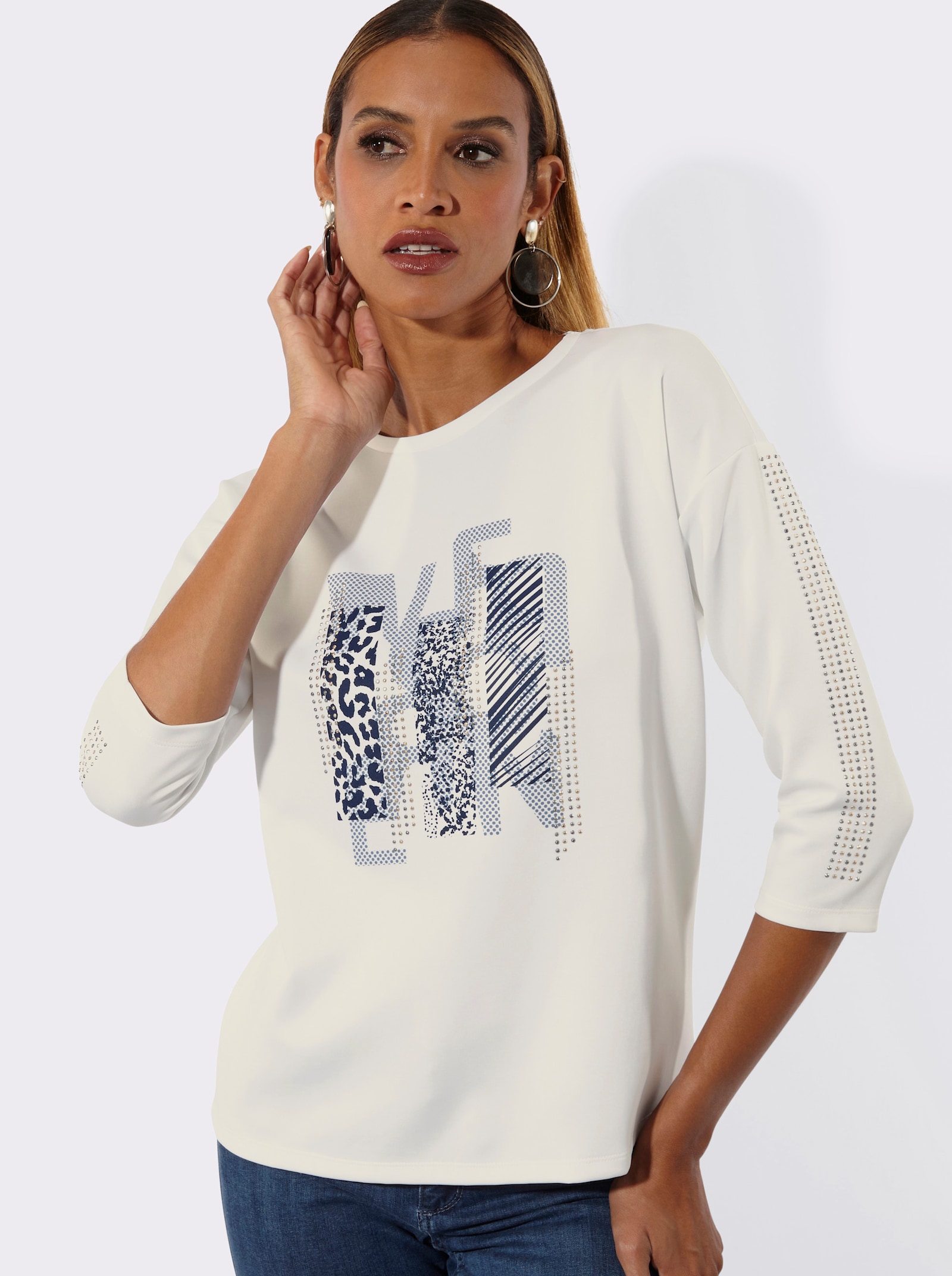 Sweatshirt mit Ziersteinchen - ecru-marine-bedruckt