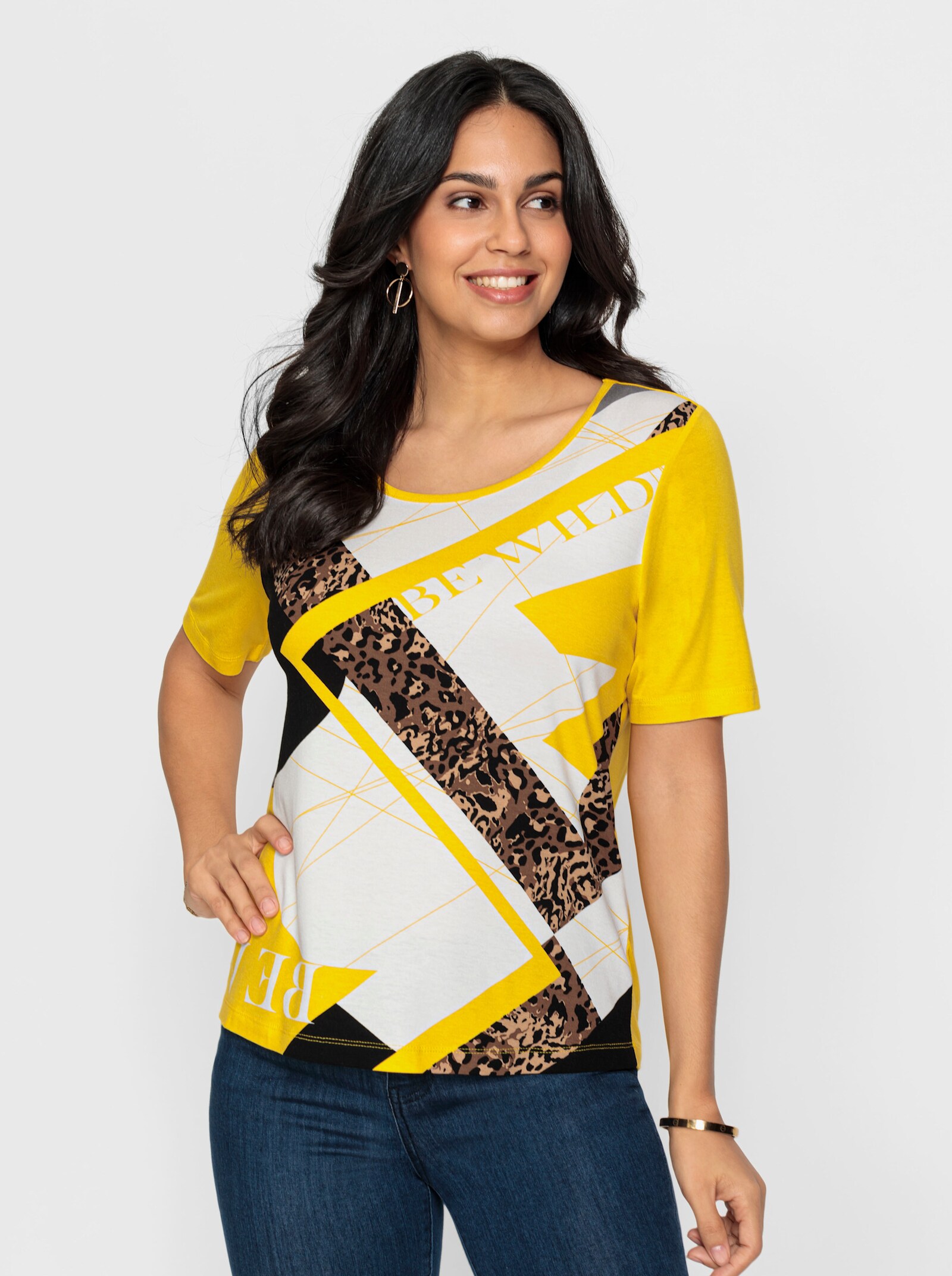 Kurzarmshirt im Muster-Mix - sonnengelb-ecru-bedruckt