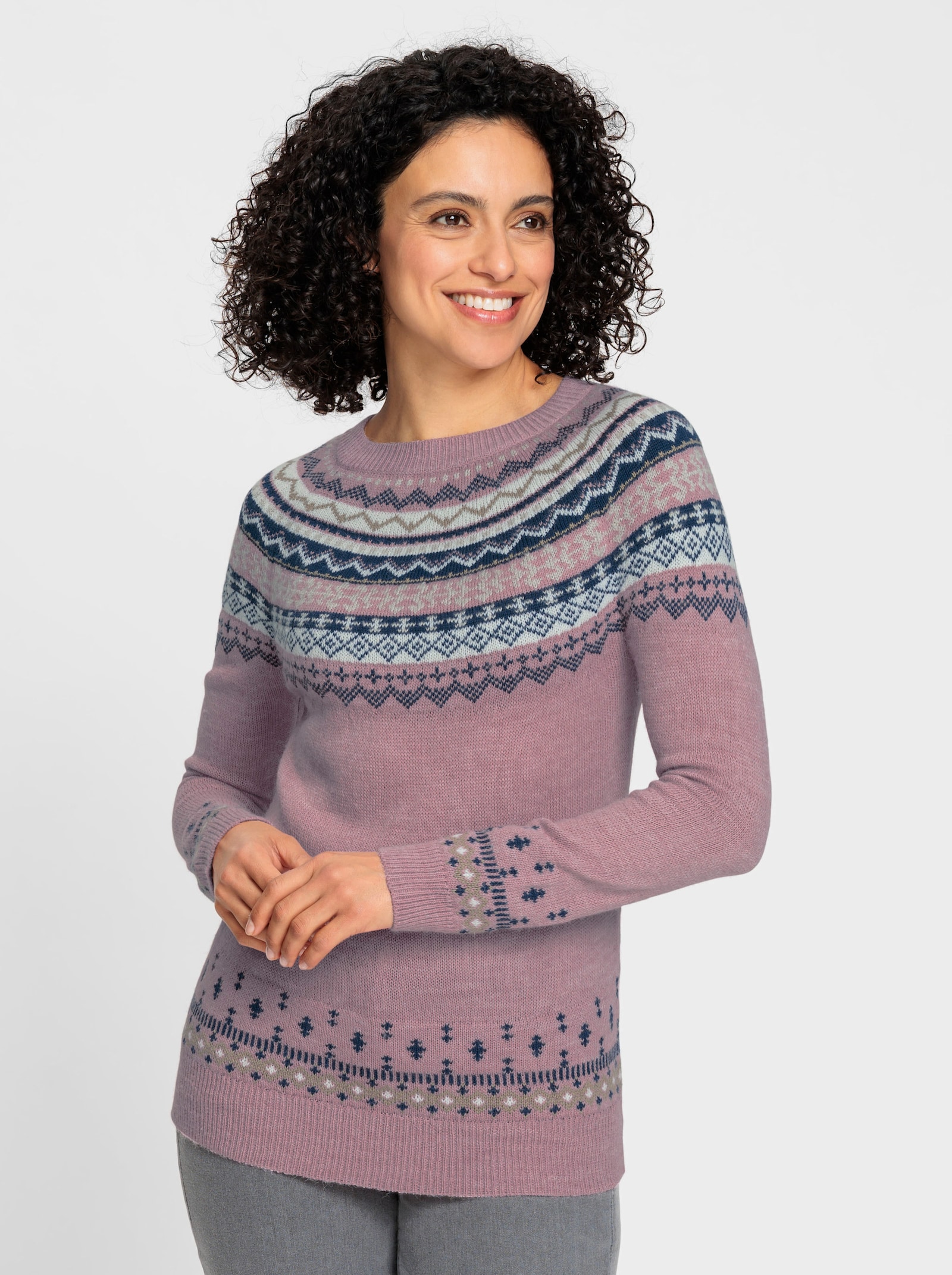 Norwegerpullover mit Raglan-Ärmeln - mauve-marine-gemustert