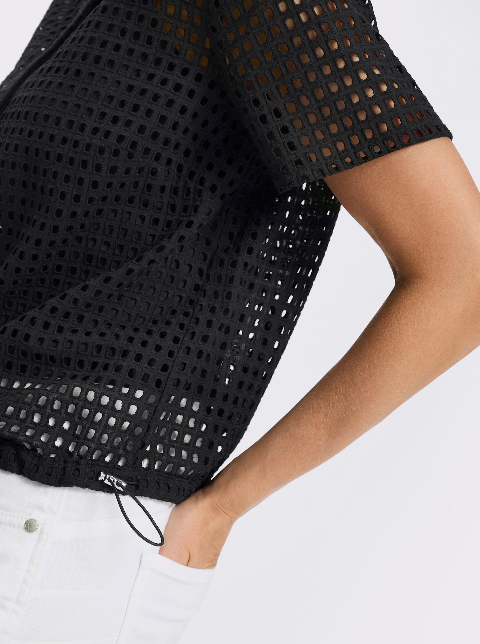 heine Kurzarm-Bluse mit Tunnelzug am Saum - schwarz