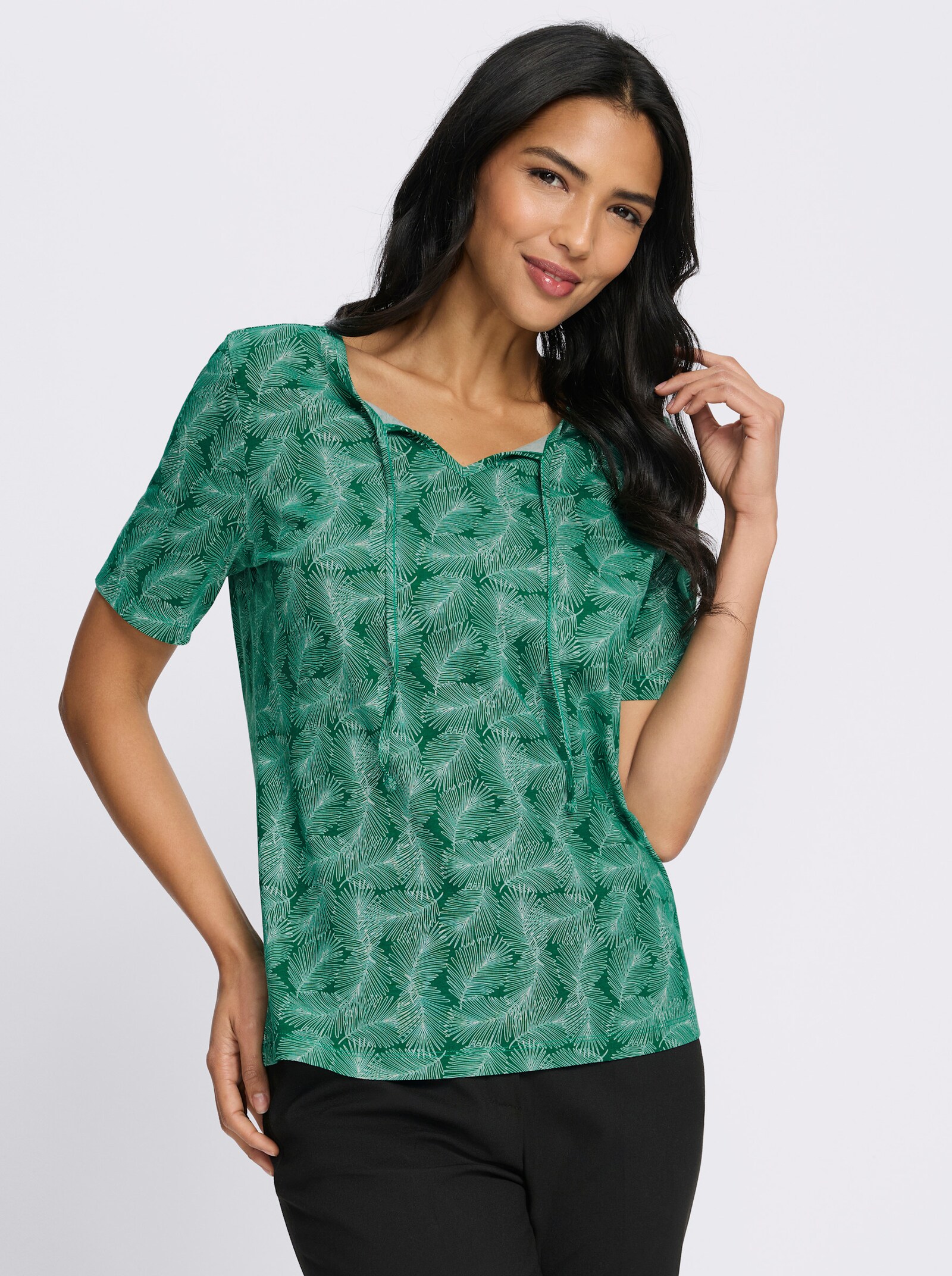 Kurzarmshirt mit Bindeband - grün-ecru-bedruckt