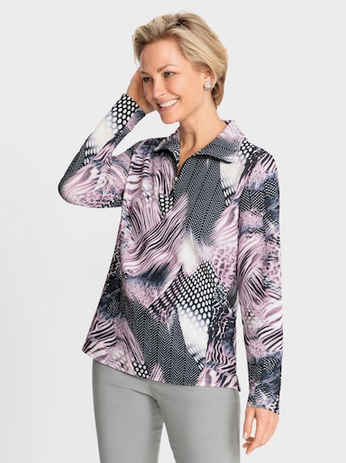 Poloshirt aus Jacquard, gemustert - rosé-schwarz-bedruckt