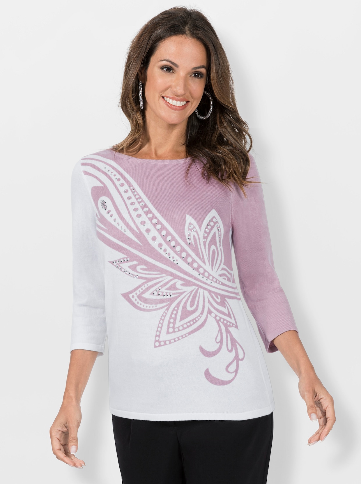 Pull en tricot fin - écru-rose clair imprimé