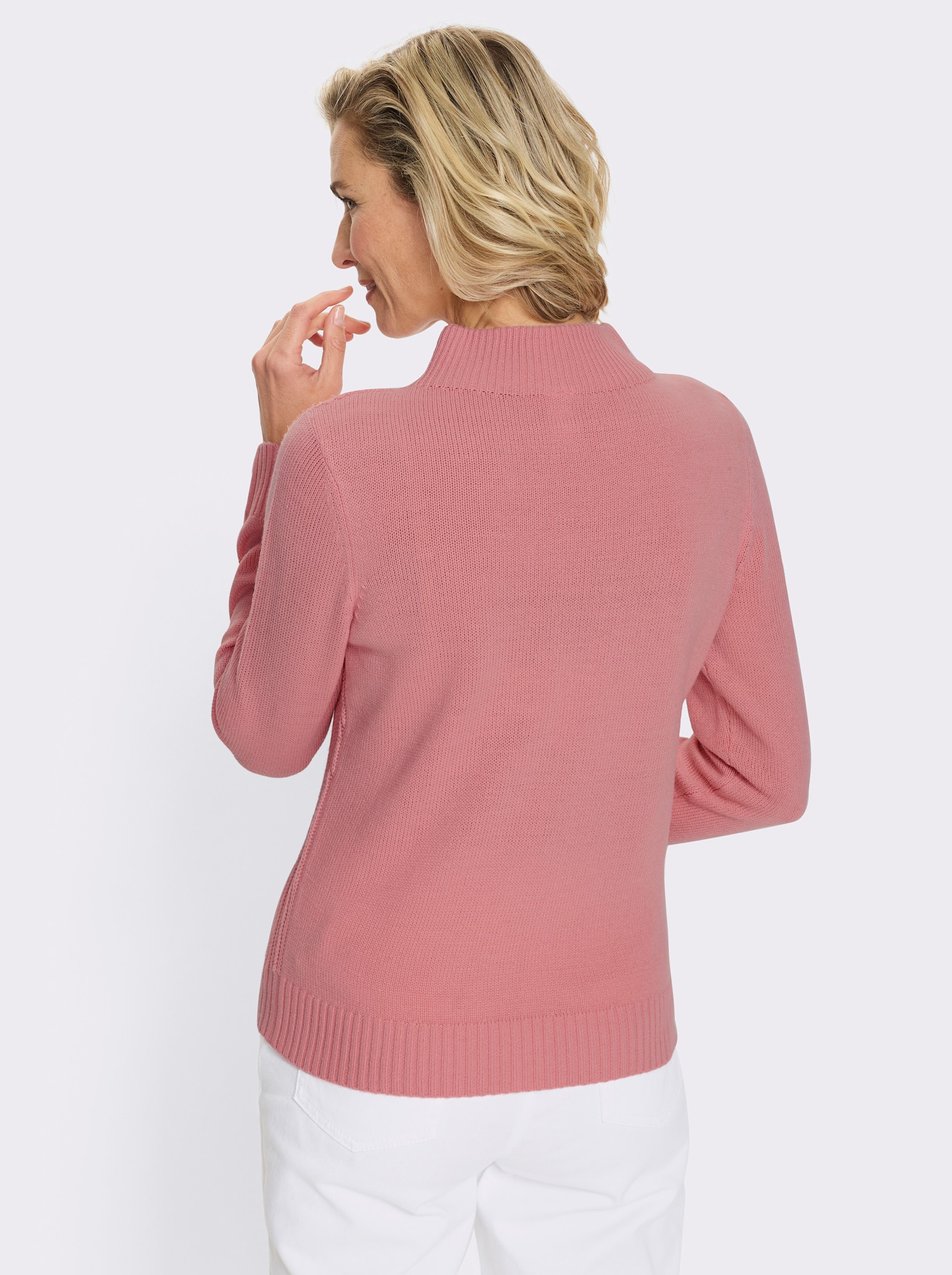 Stehkragenpullover mit Zopfmuster vorne - rosenquarz
