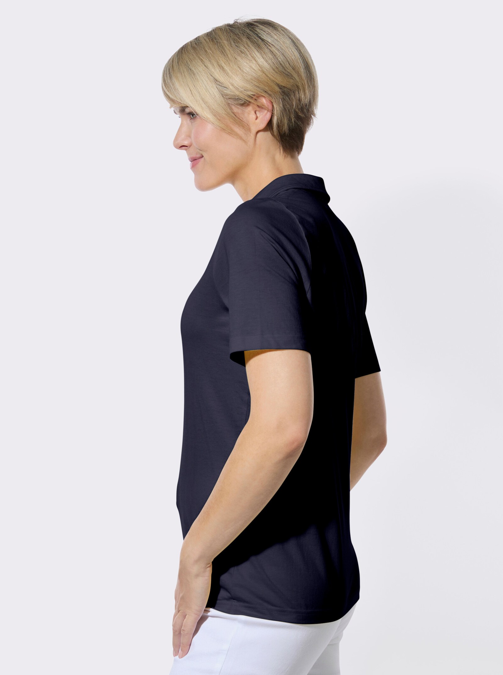 Poloshirt mit Rüschen und Nietenbesatz - marine