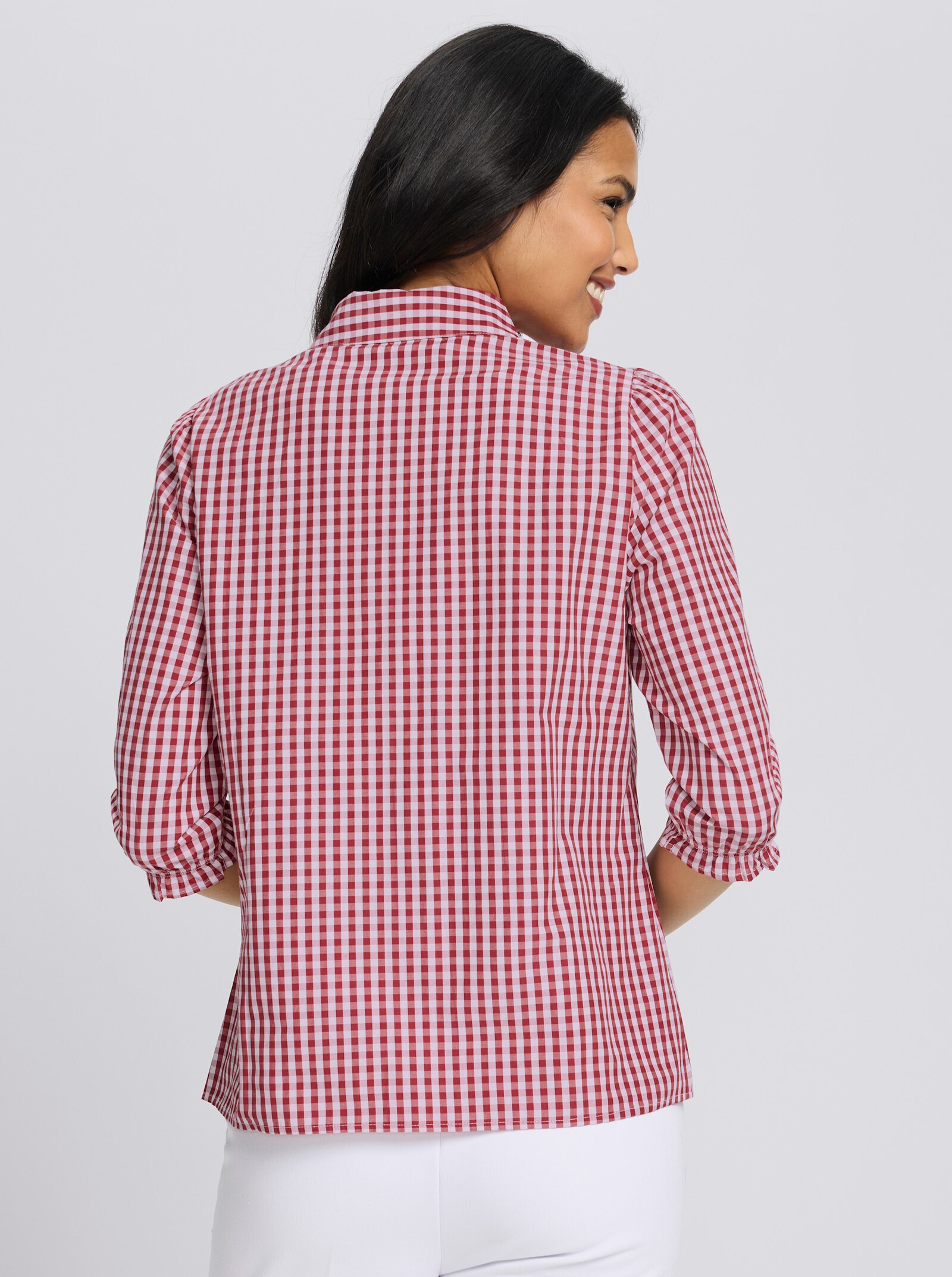 Trachtenbluse mit Rüschenband - rot-weiß-kariert