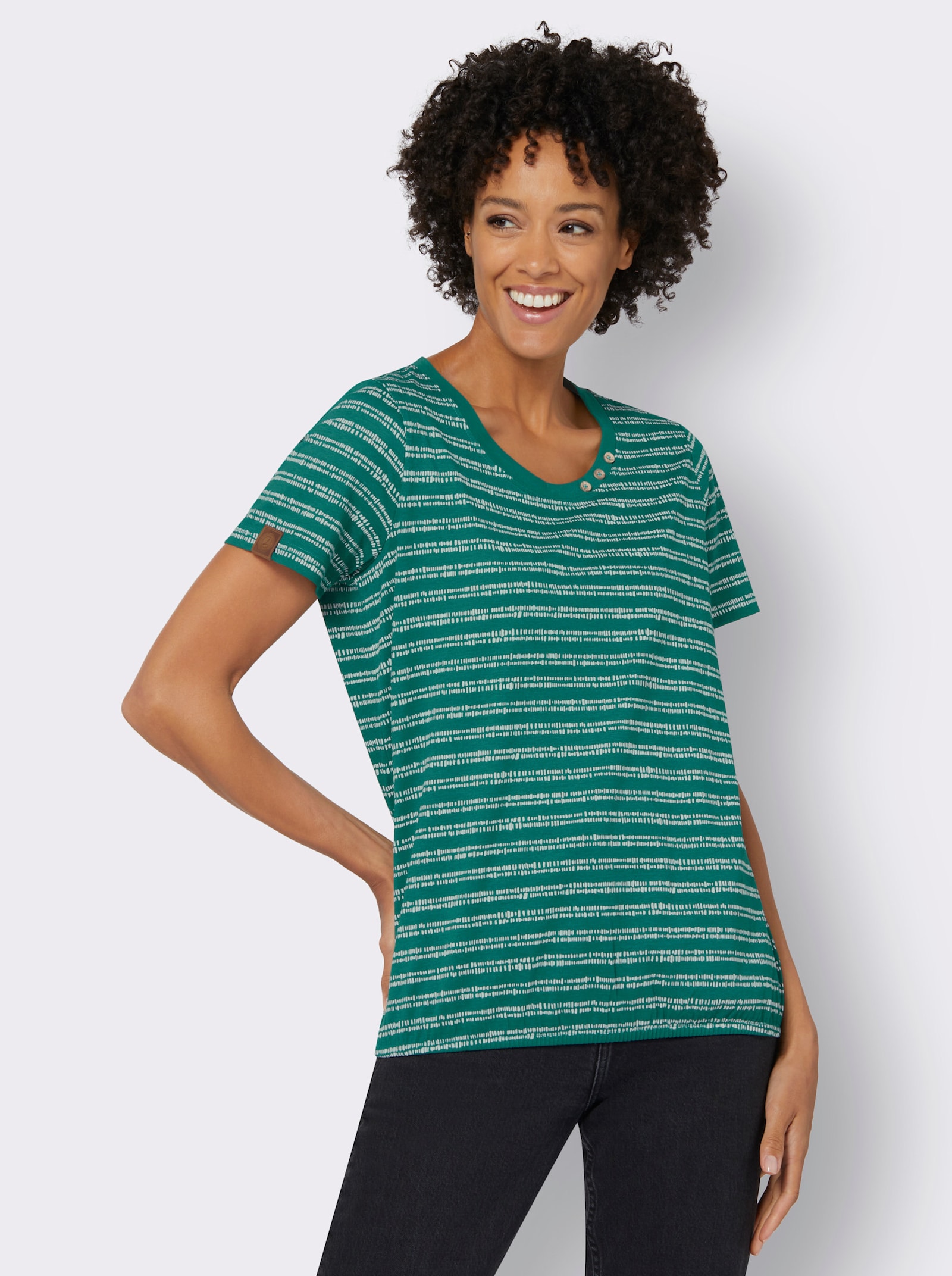 Kurzarmshirt mit Gummizug am Saum - grün-weiß-bedruckt