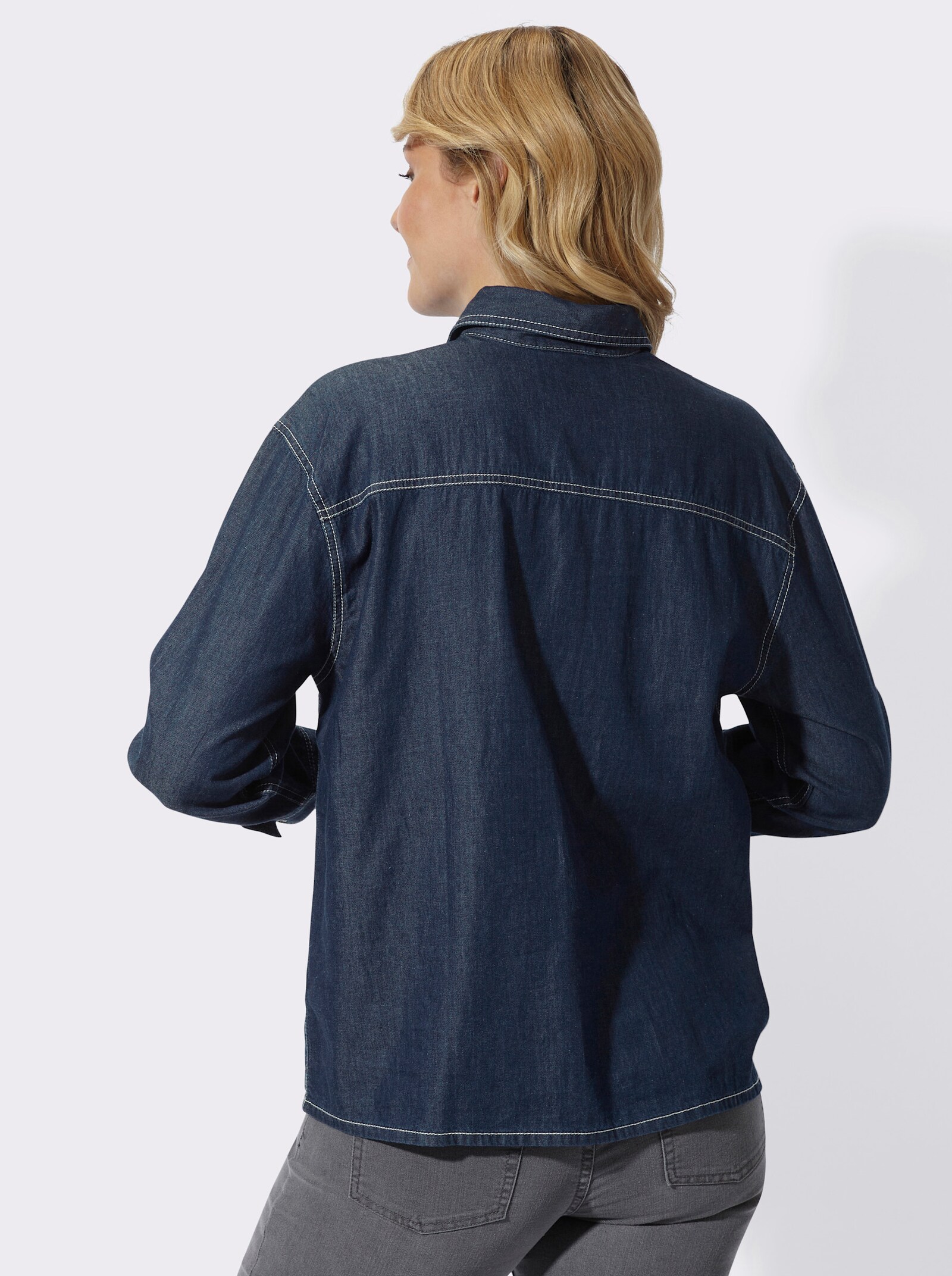 Jeansbluse mit überschnittenen Schultern - blue-stone-washed