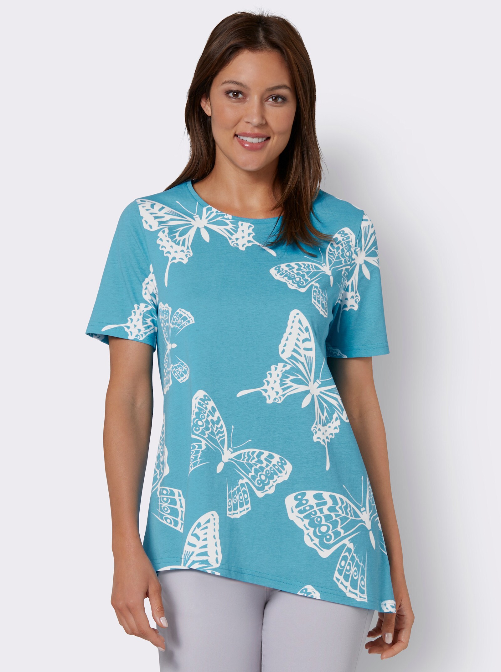 Shirt met korte mouwen en asymmetrische zoom - turquoise gedessineerd