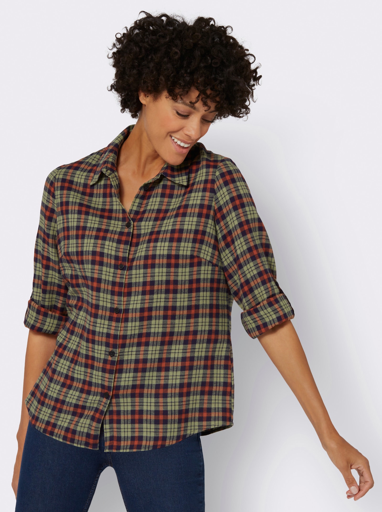 Flanellbluse mit Karo-Muster - oliv-rostrot-kariert