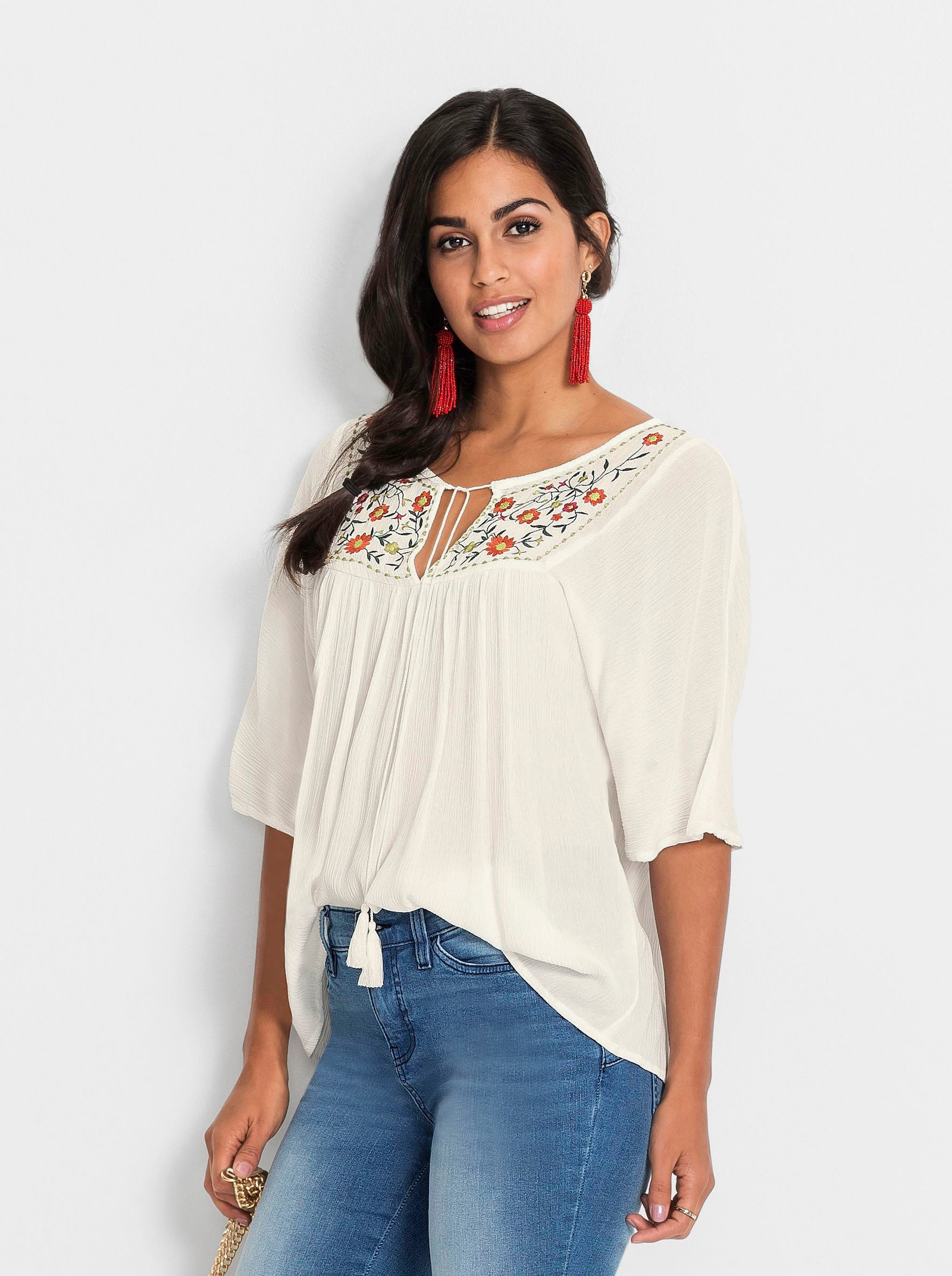 Tunika mit Blüten-Stickerei - ecru