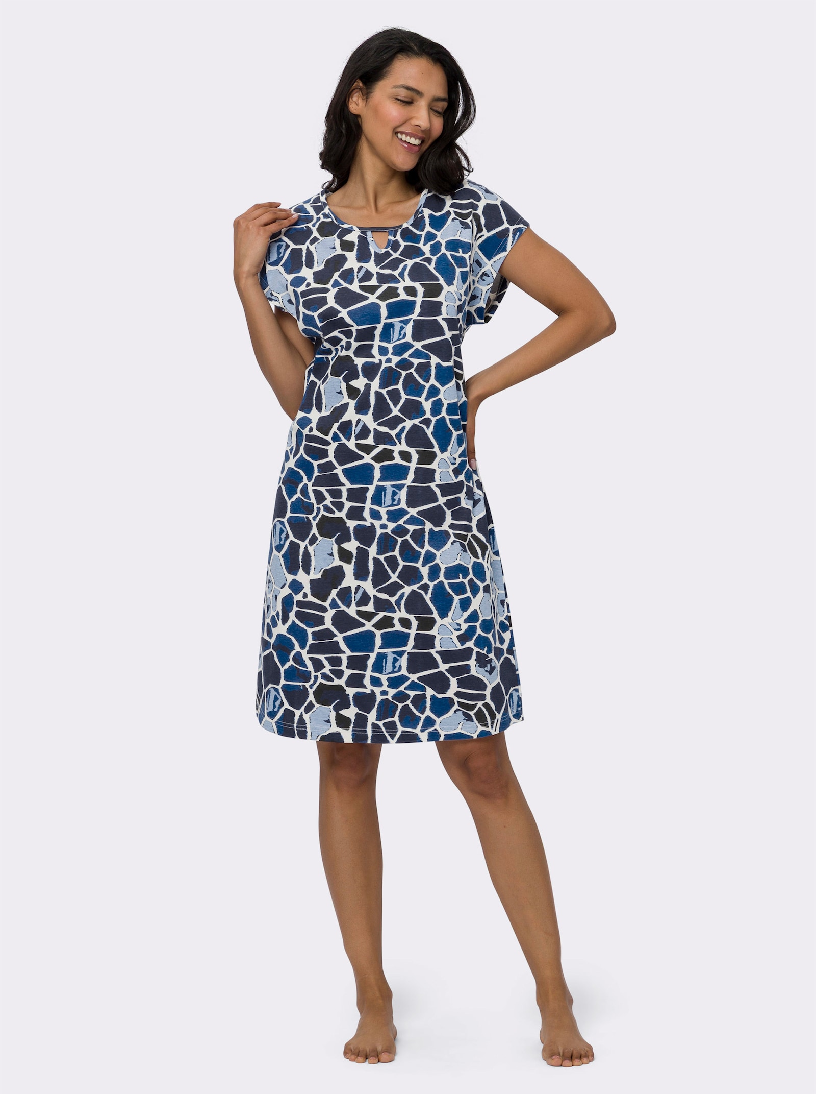 Sommerkleid in A-Form - champagner-marine-bedruckt